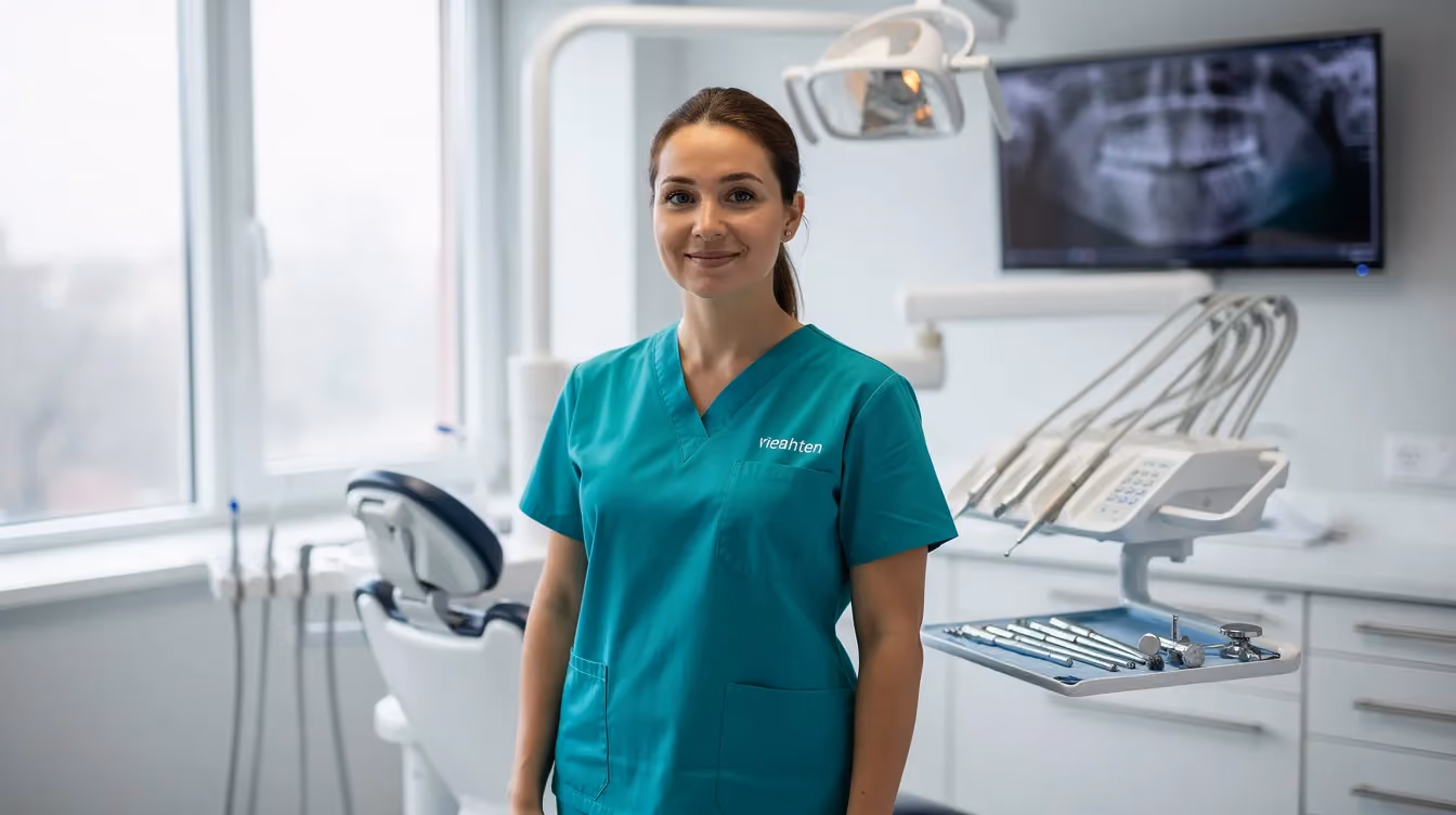 A confident dental professional in scrubs stands in a modern dental office, ready to perform duties of a dental assistant, which may include preparing treatment rooms and assisting dentists with various dental procedures. The office is equipped with dental instruments and supplies, highlighting the importance of oral health and patient care.