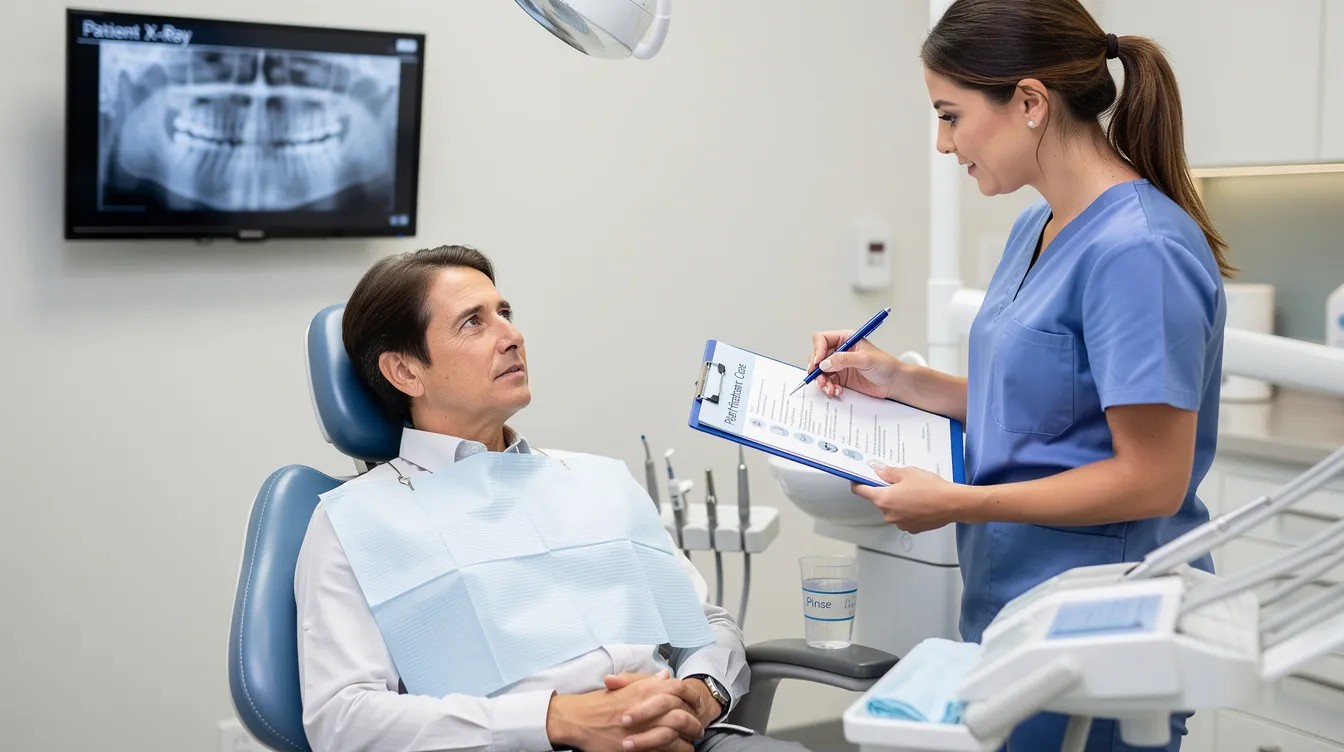 A dental assistant is seen explaining post-treatment care instructions to a patient in a dental office, highlighting the importance of oral hygiene and proper aftercare following dental procedures. The assistant demonstrates effective interpersonal skills while ensuring the patient understands the necessary steps for optimal recovery.