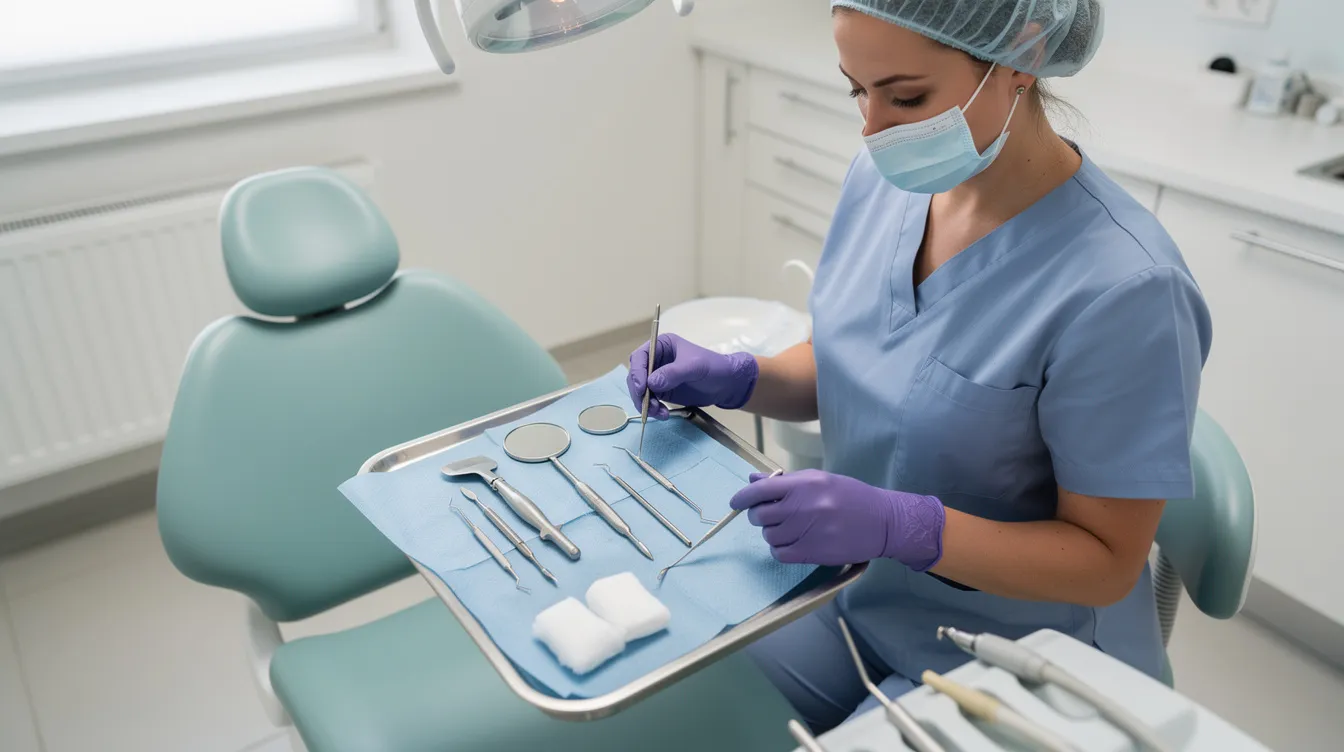 A dental assistant is meticulously preparing instruments and arranging a tray in a bright clinical exam room, ensuring all the tools are ready for upcoming dental procedures. This scene highlights the important responsibilities of a dental assistant in a dental practice, showcasing their role in supporting the dental team and enhancing patient care.