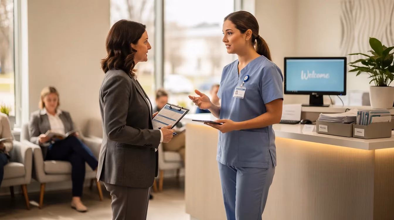 A dental professional is engaged in a conversation with the office manager in a waiting area, discussing important aspects of the dental assistant position, including scheduling appointments and administrative responsibilities. The atmosphere is collaborative, reflecting the teamwork essential in a dental practice.