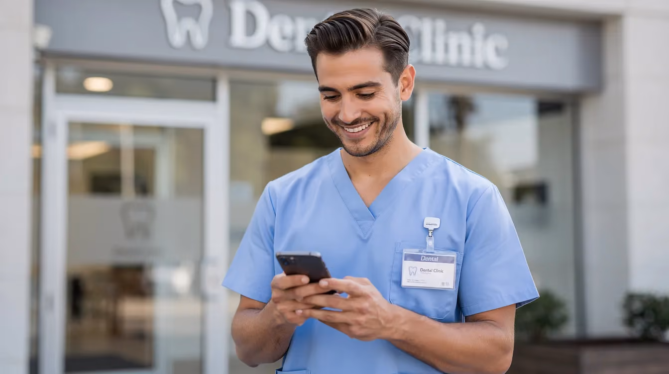 A smiling dental professional in scrubs is standing outside a dental office, using a smartphone, likely to manage scheduling appointments or communicate with the dental team. This scene reflects the modern role of a dental assistant, showcasing both their administrative responsibilities and interpersonal skills in the dental field.
