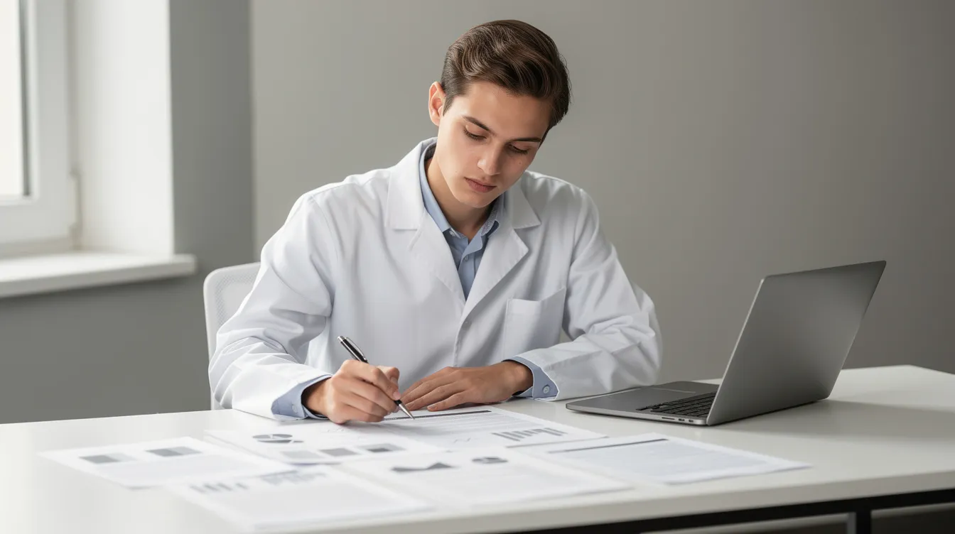 A young professional in a white coat sits at a desk, reviewing documents that likely pertain to their studies in dentistry. This image reflects the dedication of dental students as they prepare for their future careers in oral health and academic excellence.