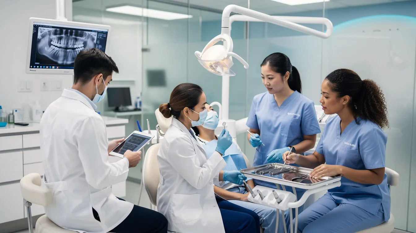 The image depicts a diverse group of dental professionals collaborating in a modern clinic, showcasing teamwork in the field of dentistry. They represent various backgrounds and roles, emphasizing the importance of community service and academic excellence in dental education and practice.