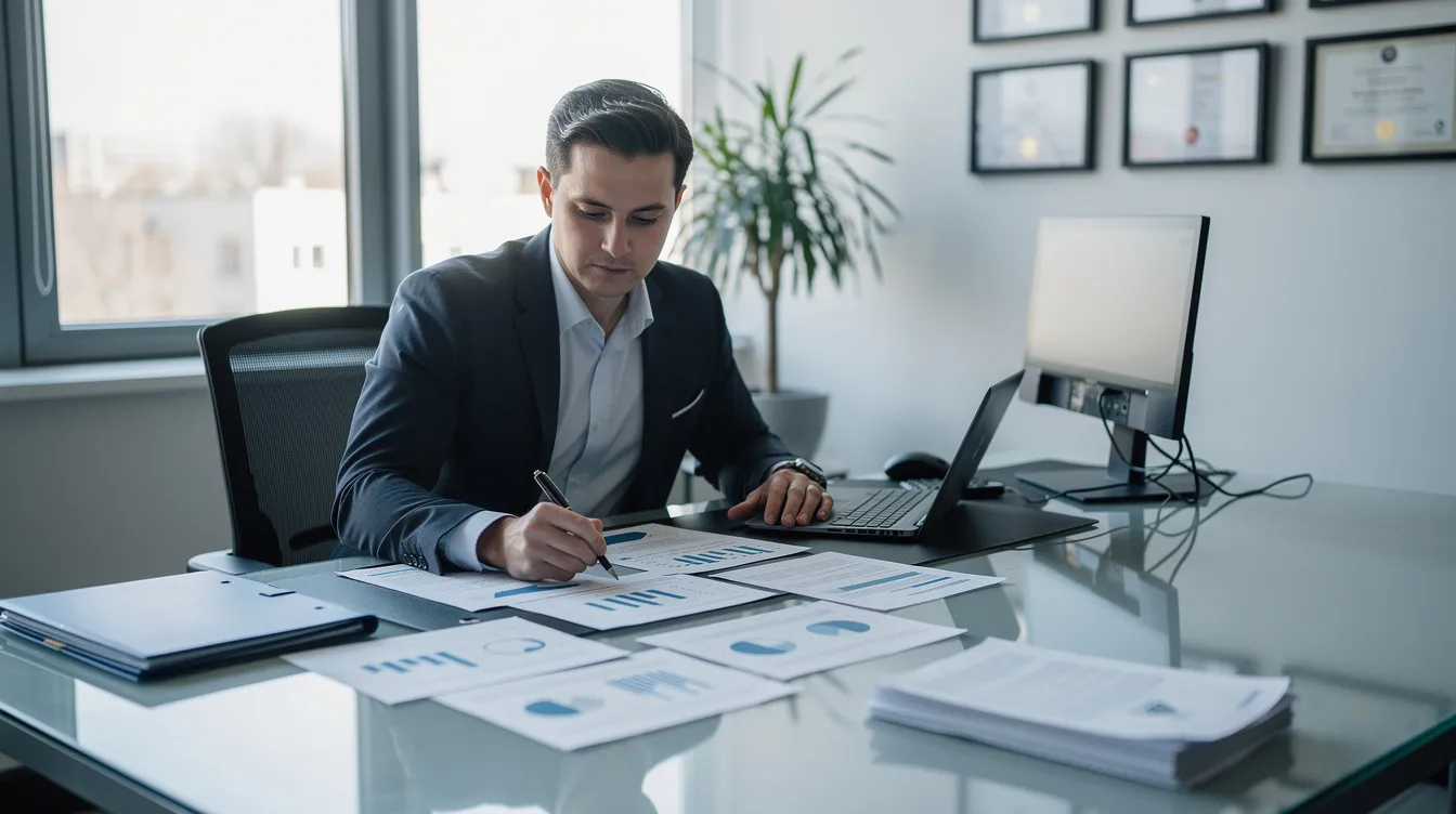 A professional sits at an office desk, reviewing documents with a focused expression, surrounded by papers and a laptop, emphasizing the importance of organization in the context of a dental hygiene program and its prerequisite courses. The scene highlights the critical role of documentation in academic settings, particularly for dental hygiene students pursuing their degree programs.