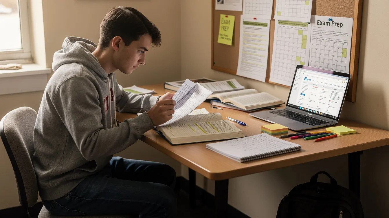 A college student is seated at a desk, surrounded by textbooks and a laptop, as they review course materials related to their dental hygiene program. The scene captures the essence of academic preparation for prerequisite courses required for a bachelor's degree in dental hygiene.