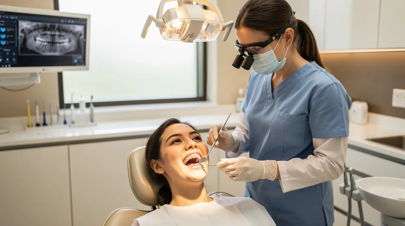 An orthodontist is examining a patient who is wearing clear aligners in a modern dental office, showcasing the latest in orthodontics and oral health care. The environment reflects a professional setting, emphasizing the importance of dental specialists in treating misaligned jaws and preserving natural teeth.