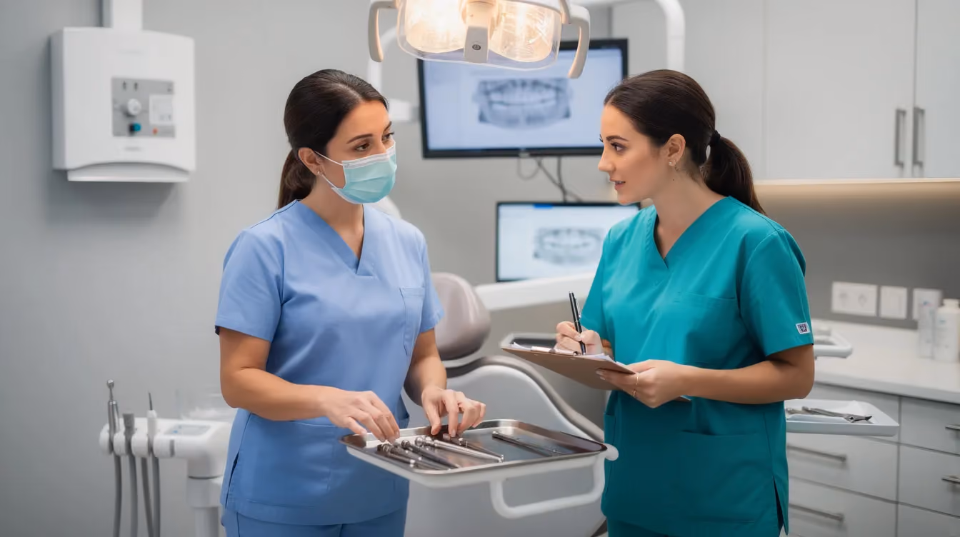 An experienced dental assistant is shown mentoring a new team member in a clinical setting, demonstrating essential dental procedures and the use of dental tools. This interaction highlights the importance of training and support in a dental practice, ensuring that qualified dental assistants are well-prepared for their job duties in patient care.