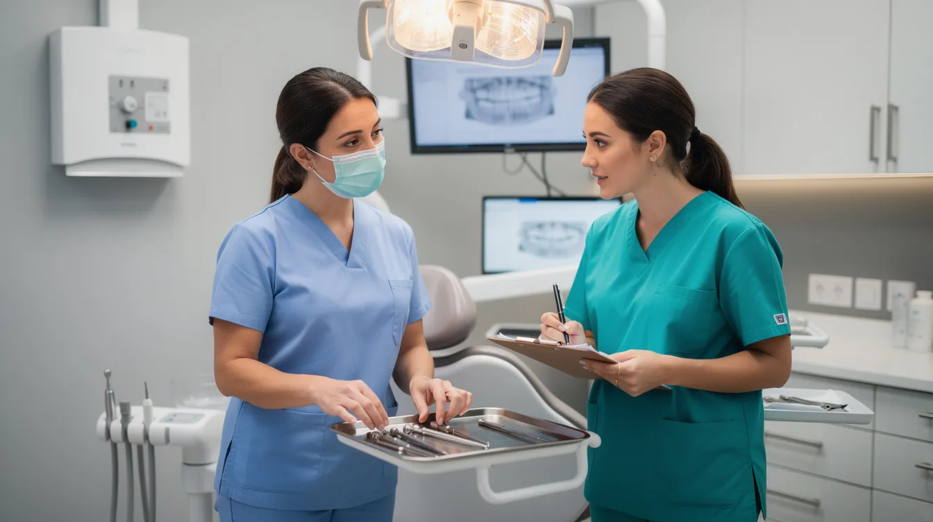 An experienced dental assistant is shown mentoring a new team member in a clinical setting, demonstrating essential dental procedures and the use of dental tools. This interaction highlights the importance of training and support in a dental practice, ensuring that qualified dental assistants are well-prepared for their job duties in patient care.