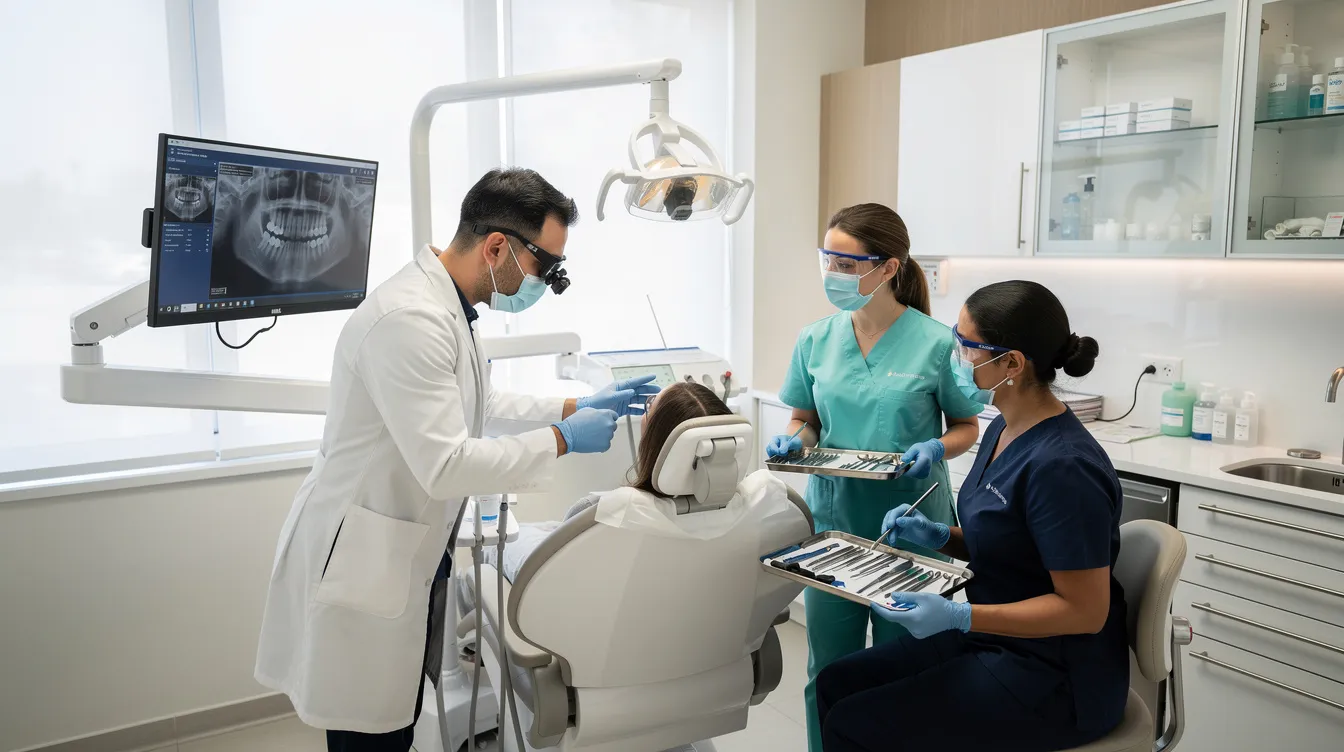 A dental team, including dentists and certified dental assistants, collaborates around a patient chair in a modern dental office, utilizing various dental tools to ensure effective patient care during dental procedures. The scene highlights the teamwork and professionalism essential in a dental practice.