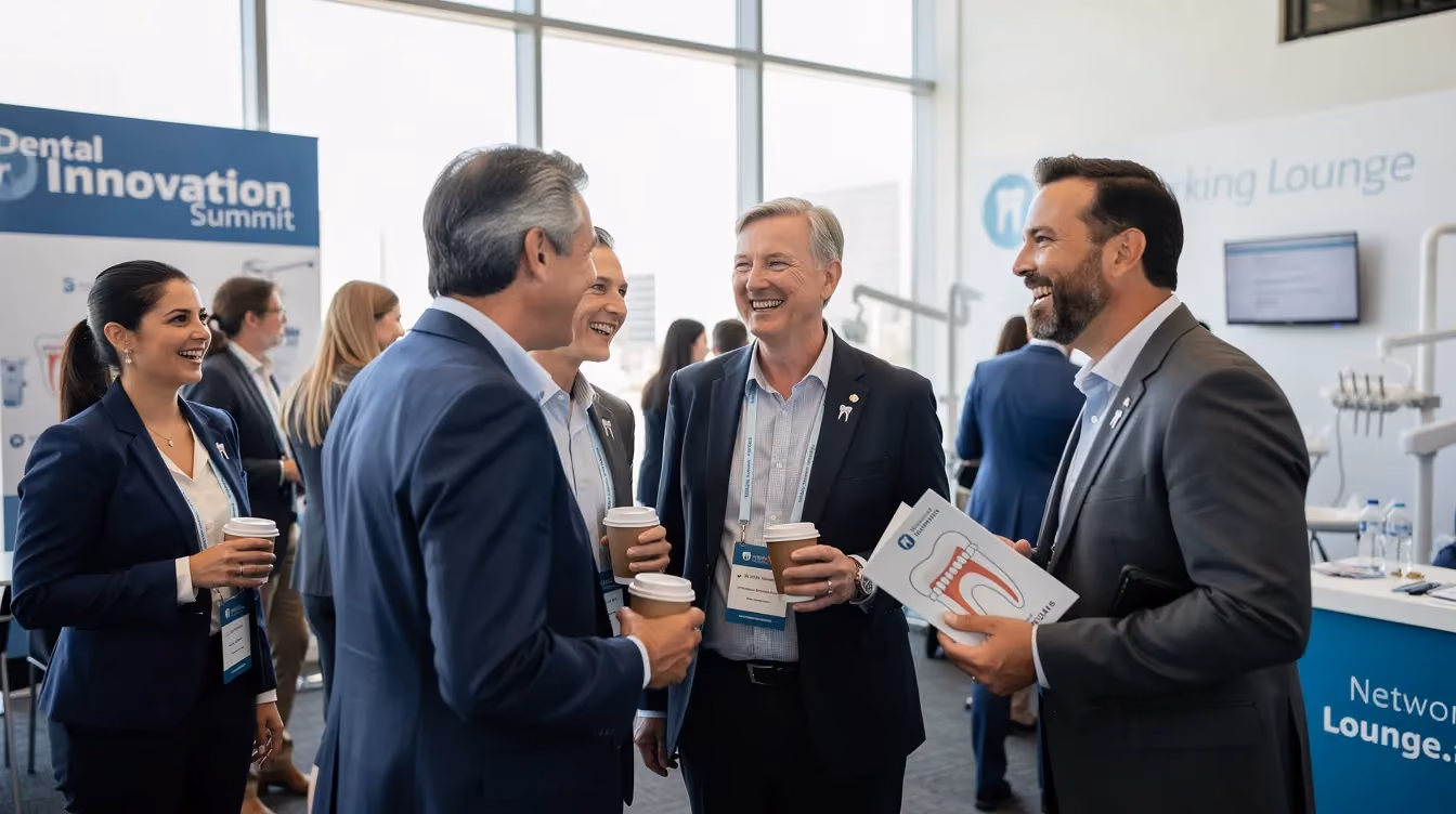 A diverse group of dental professionals, including dentists, dental assistants, and hygienists, are networking and sharing insights at an industry event, discussing topics such as hiring practices and the qualities of a great dental assistant. The atmosphere is collaborative, with attendees exchanging ideas about patient care and the latest dental procedures.