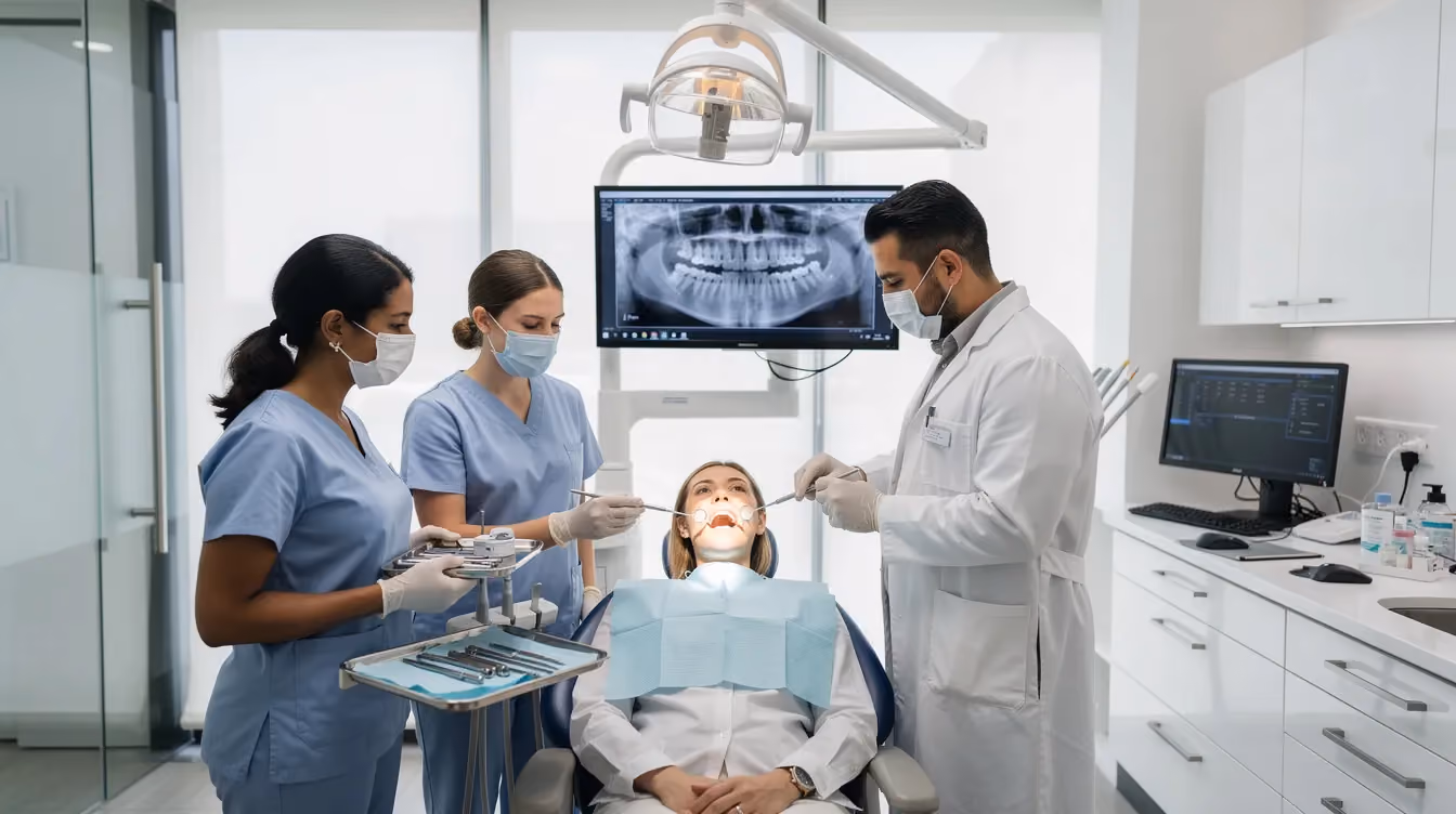 A dental team is gathered around a patient chair in a modern dental office, collaborating effectively to provide exceptional patient care. The scene highlights the importance of teamwork in delivering high-quality dental care and managing various dental procedures.