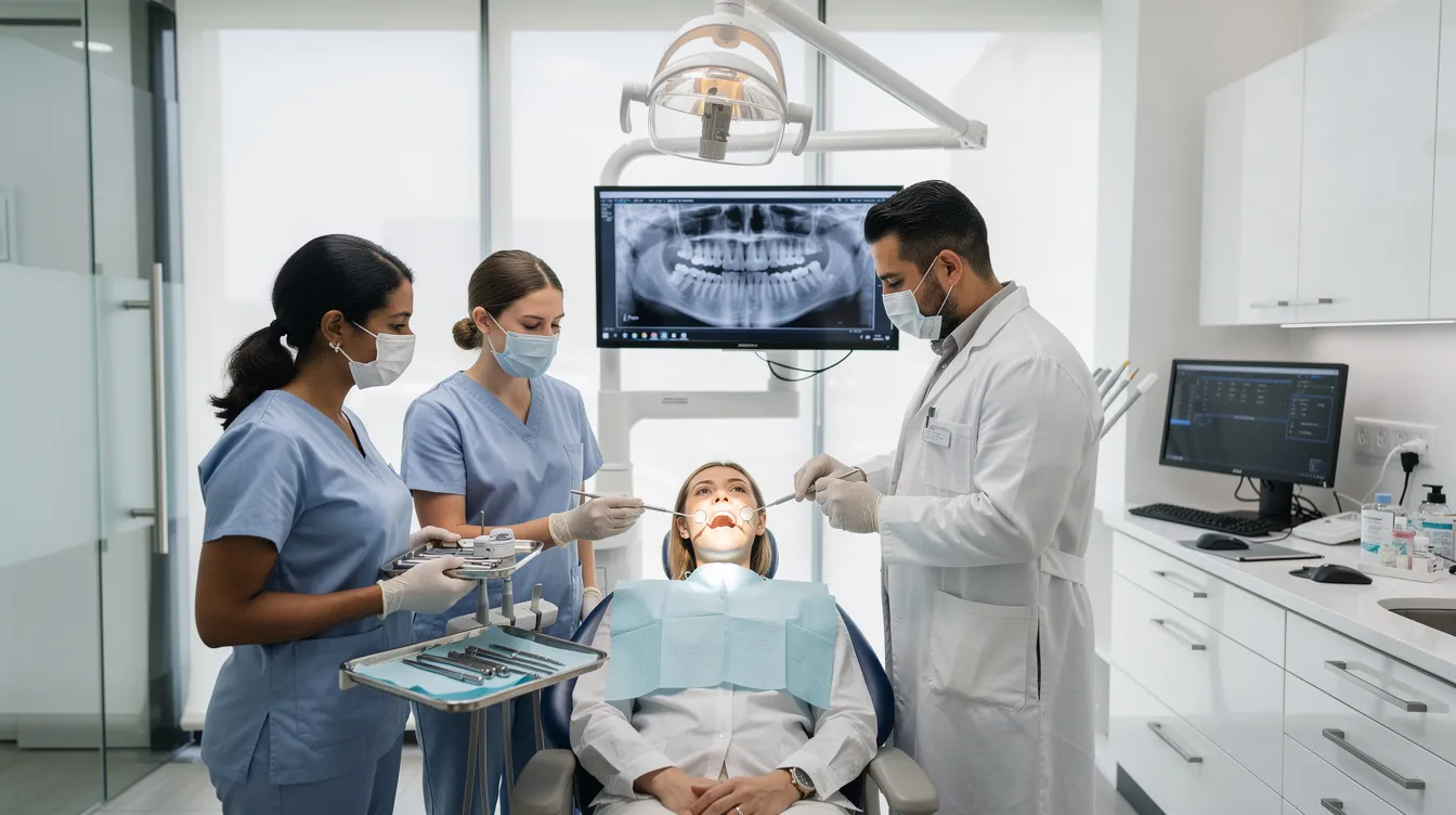 A dental team is gathered around a patient chair in a modern dental office, collaborating effectively to provide exceptional patient care. The scene highlights the importance of teamwork in delivering high-quality dental care and managing various dental procedures.