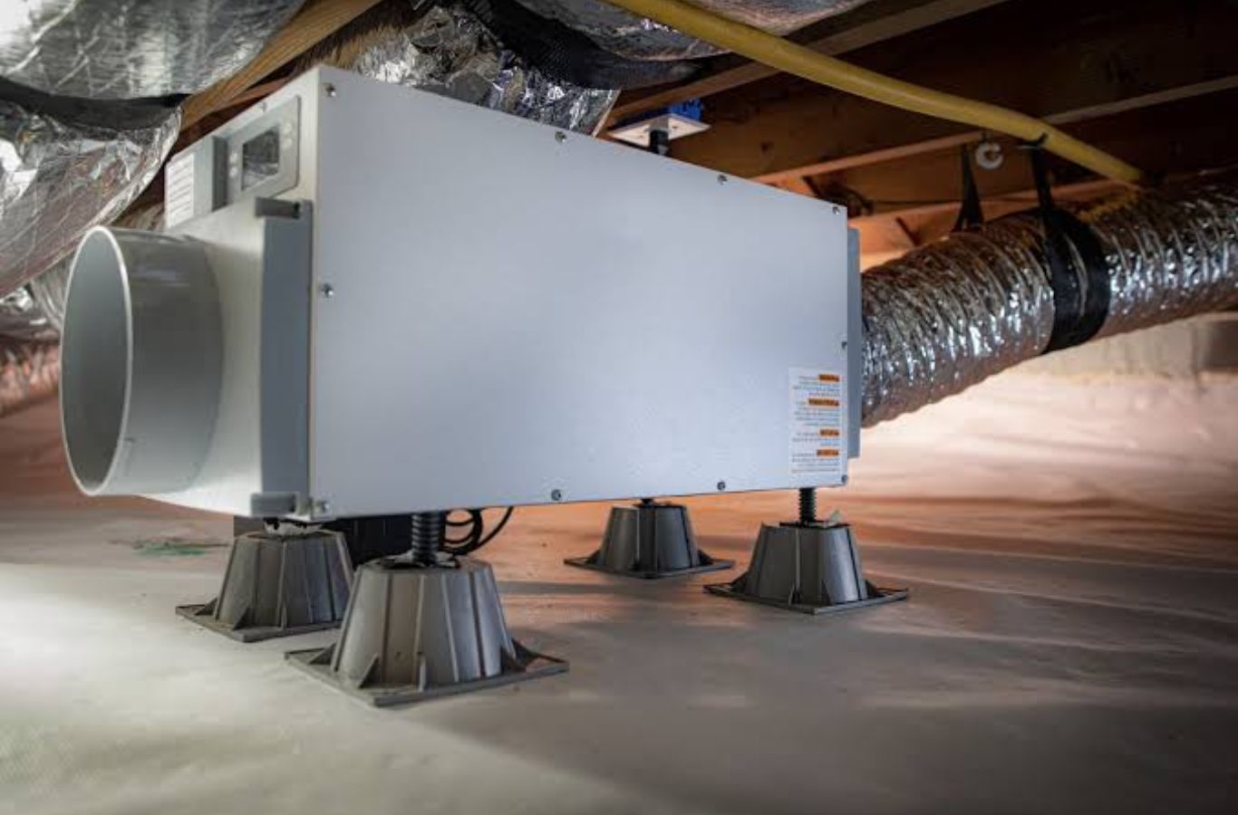 Ducted whole-home dehumidifier mounted on stands beneath floor joists. Dehumidifier Installation & Repair Near Me.