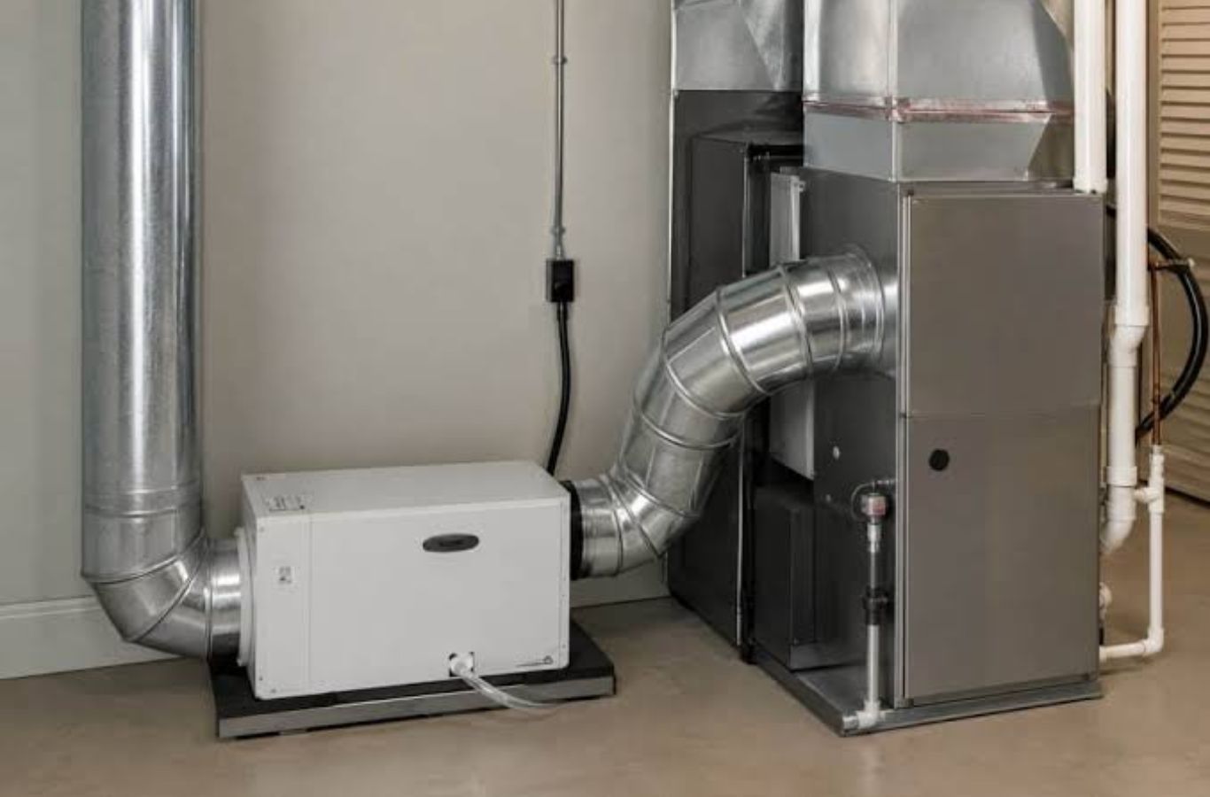 Whole-home dehumidifier connected by ductwork beside a furnace and air handler. Dehumidifier Installation & Repair Near Me.