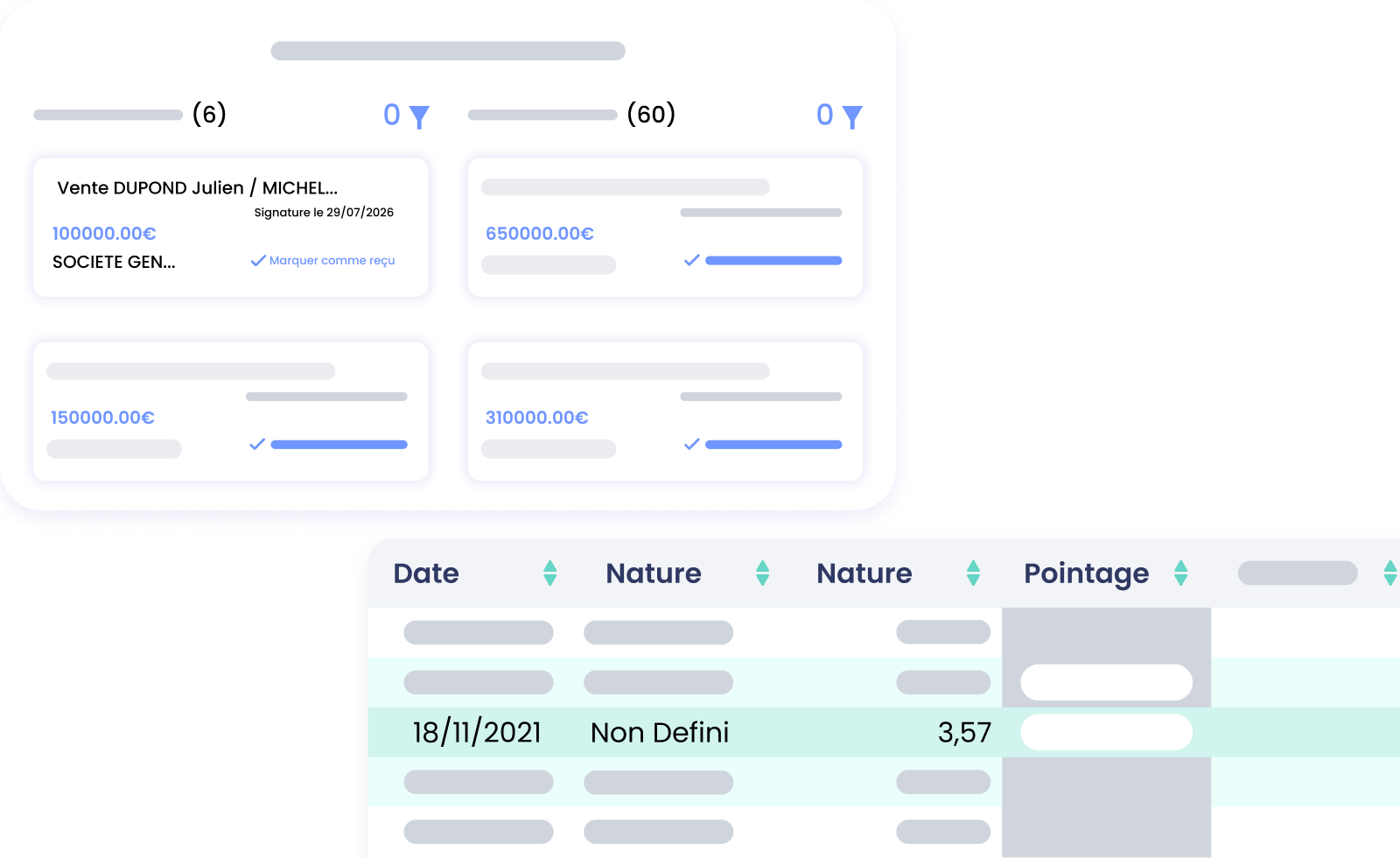 Tableau d’avancement du dossier contentieux de Durand Industries avec trois étapes listant des documents PDF, Word et un email proposant une transaction amiable.