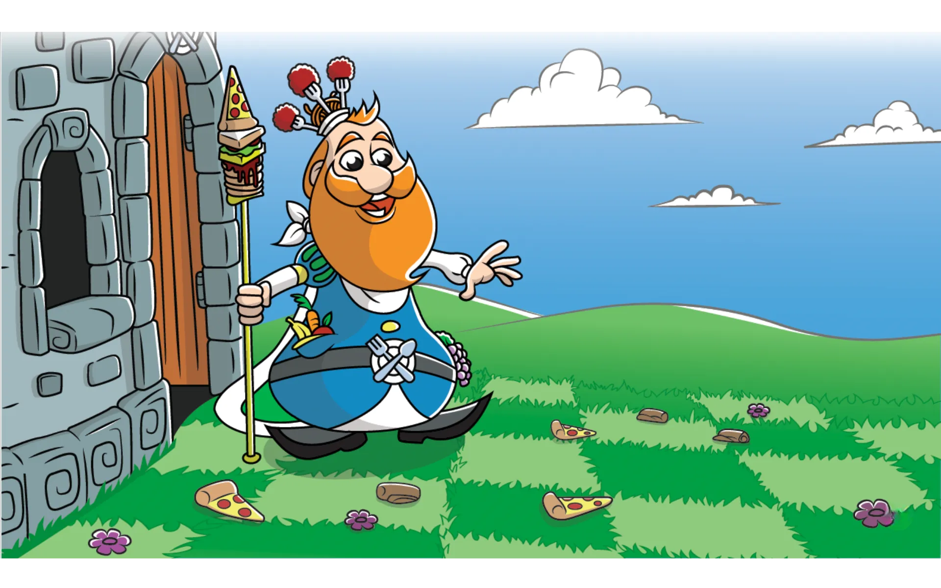 Illustration of King Chomper, a cheerful, bearded king holding a scepter topped with food. He stands outside a castle on a chessboard-style grassy field scattered with pizza slices and rolls, moving slowly because his pockets are stuffed with food