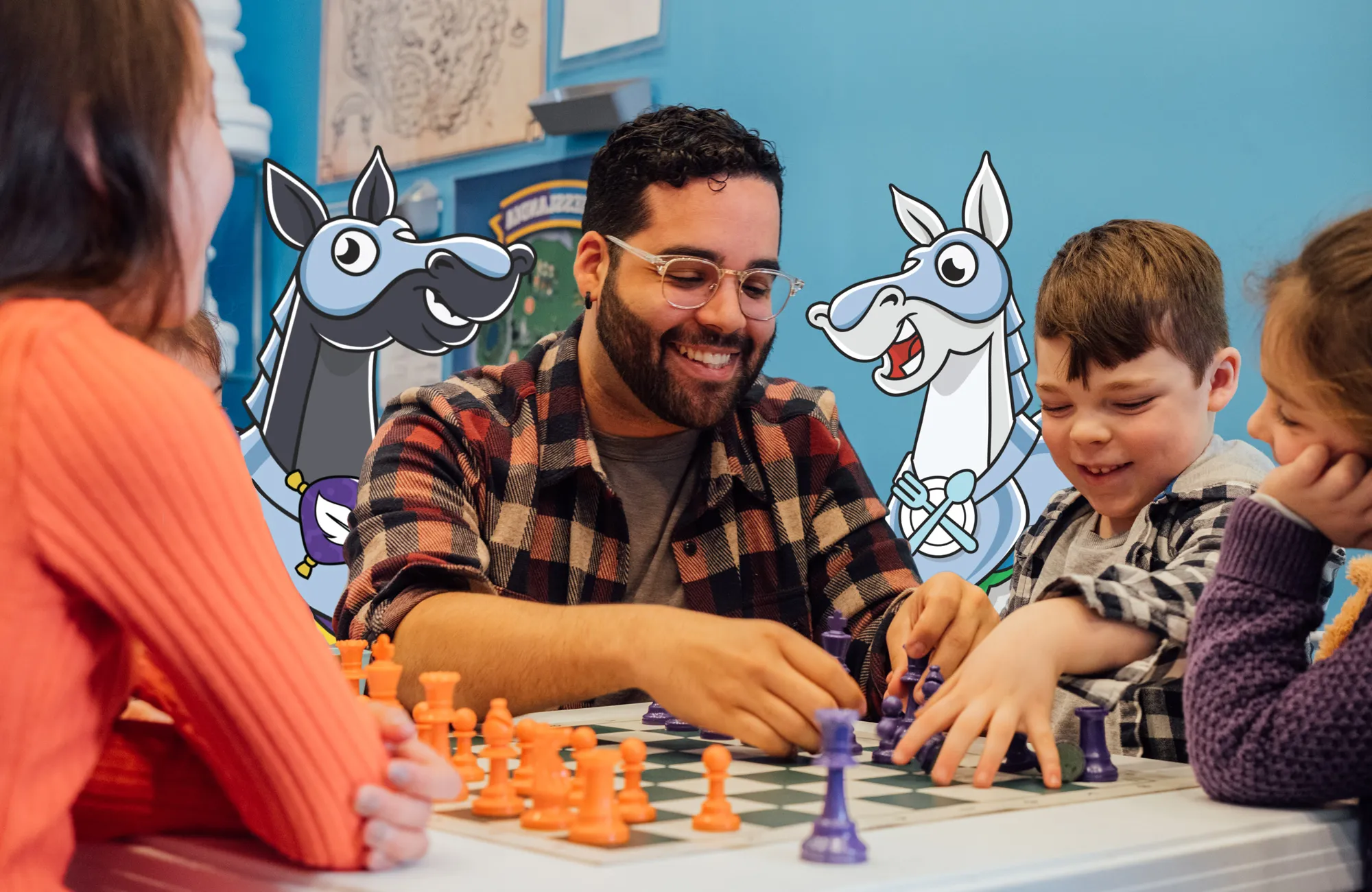 Story Time Chess club lesson in progress with students playing chess