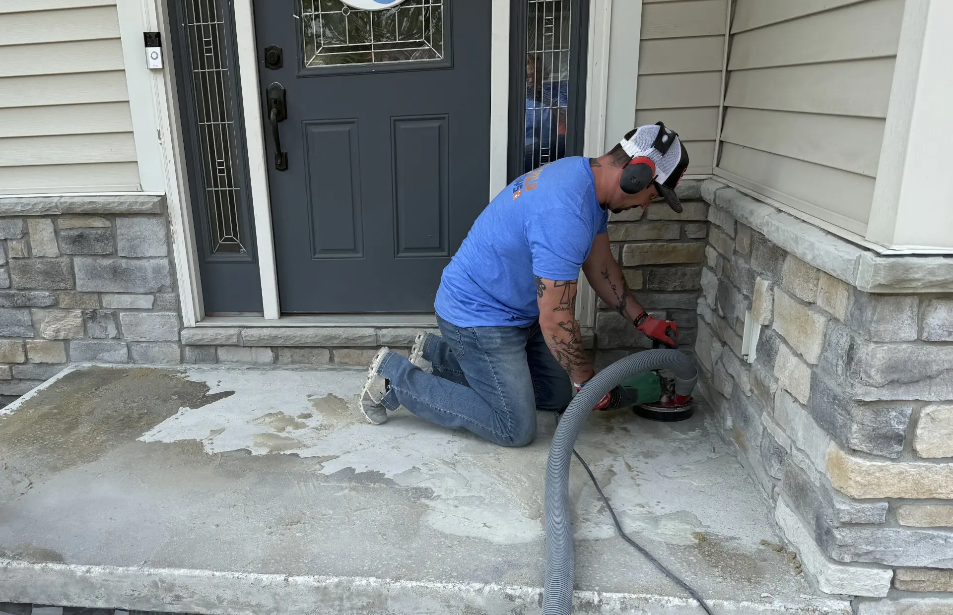 using hose on front concrete step