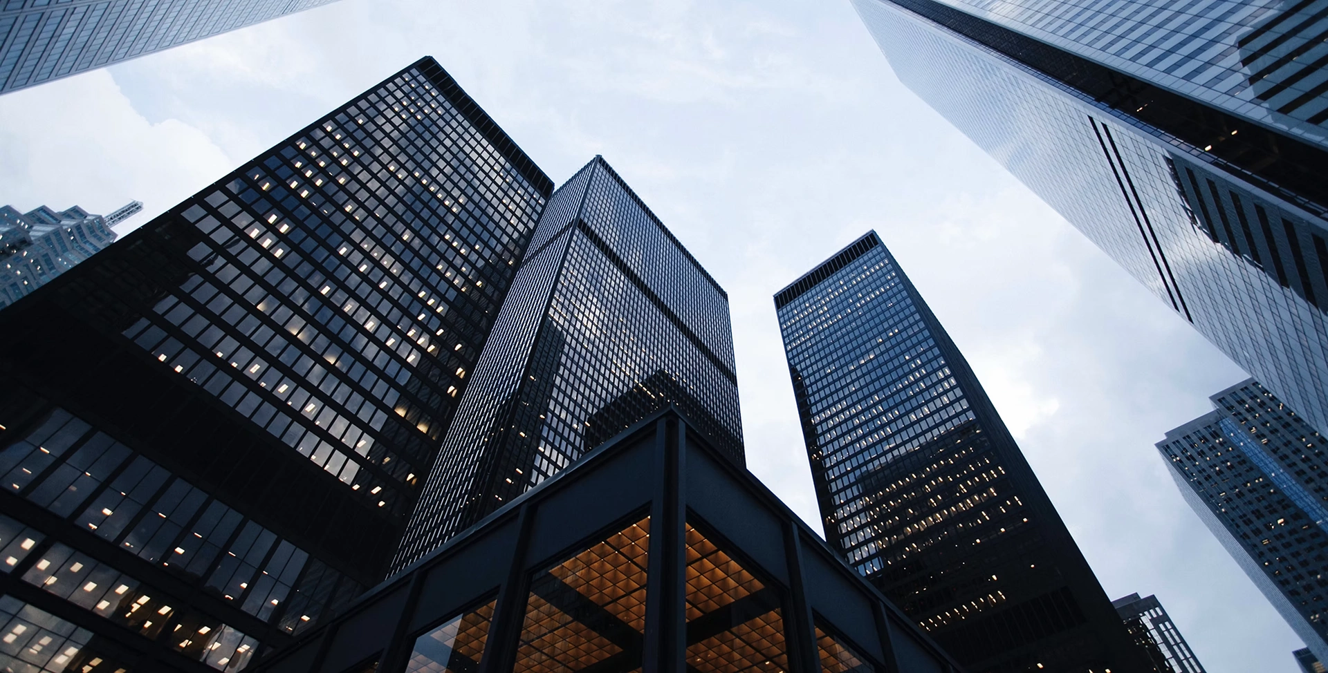 Looking up at skyscrapers in a metropolitan area