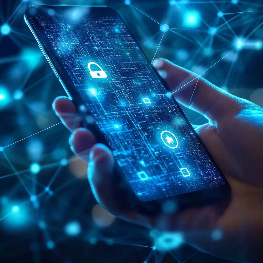 Hand holding a cell phone with digital network around it.