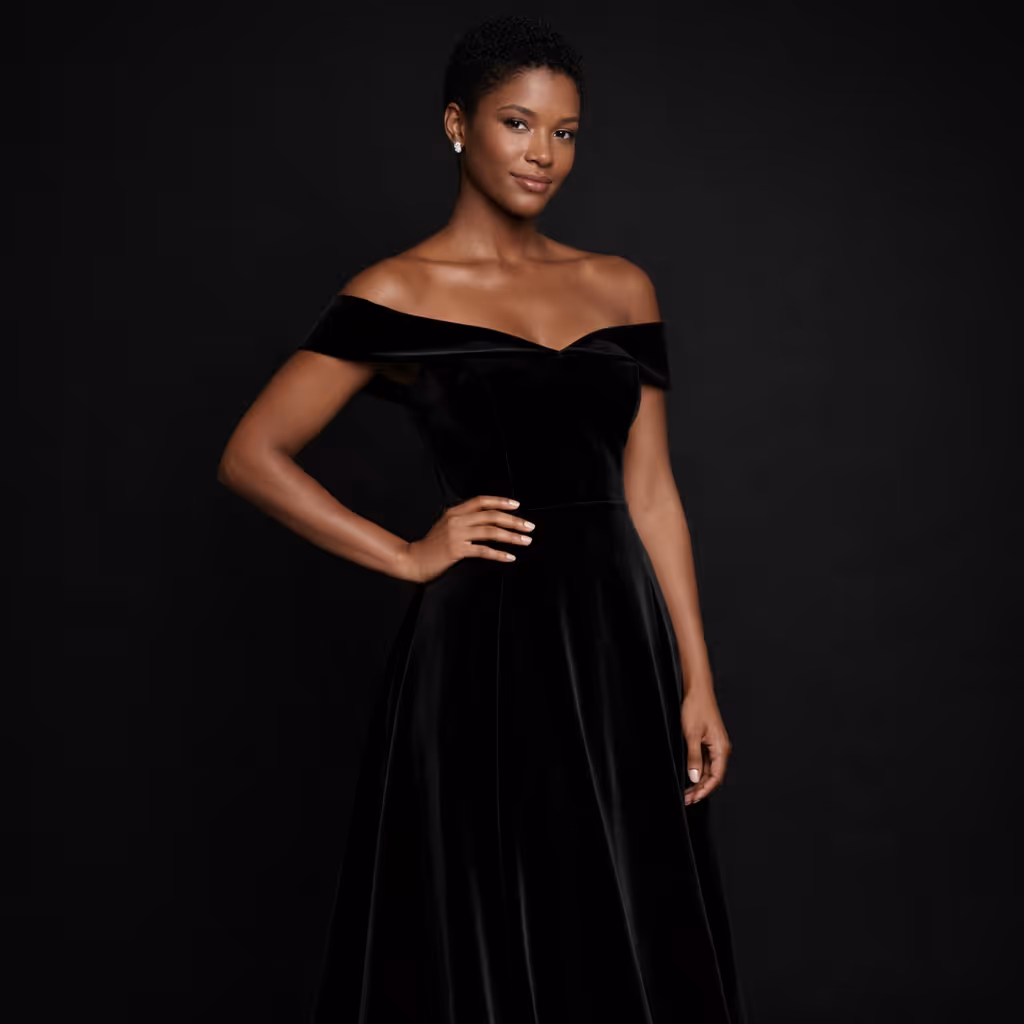 Velvet Off-Shoulder A-Line Gown