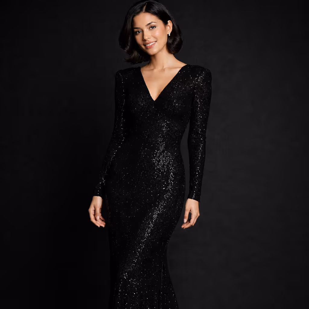 Micro-Sequin Long-Sleeve Gown