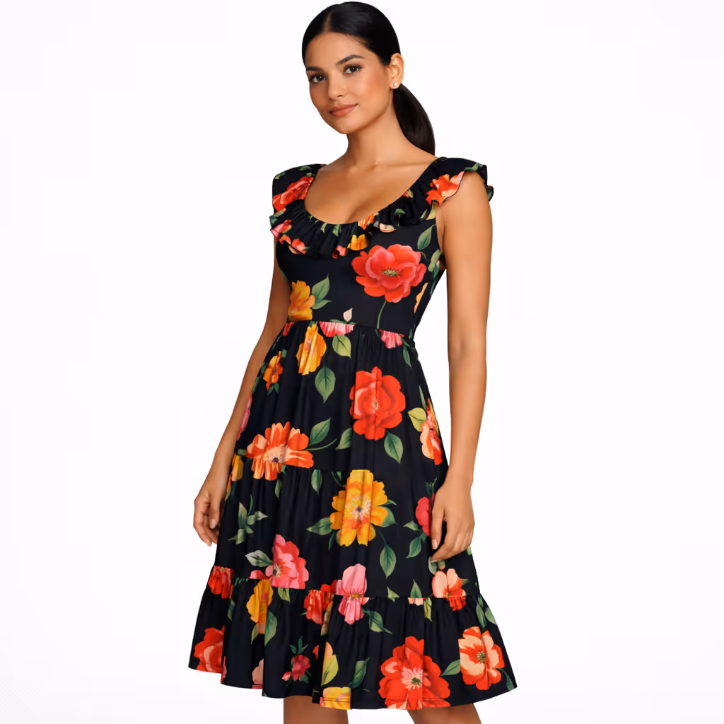 Noir Bloom Tiered Midi Dress