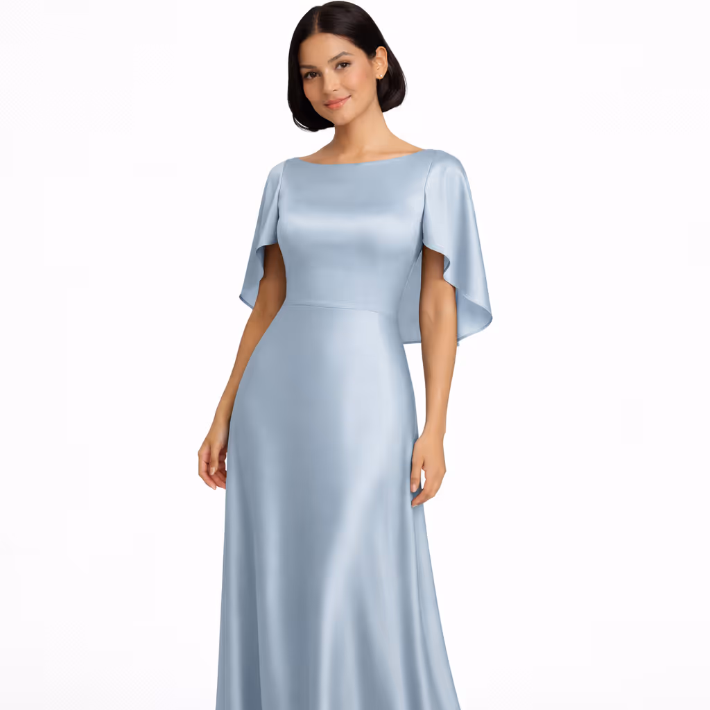 Powder Blue Silk-Satin Cape-Sleeve Gown