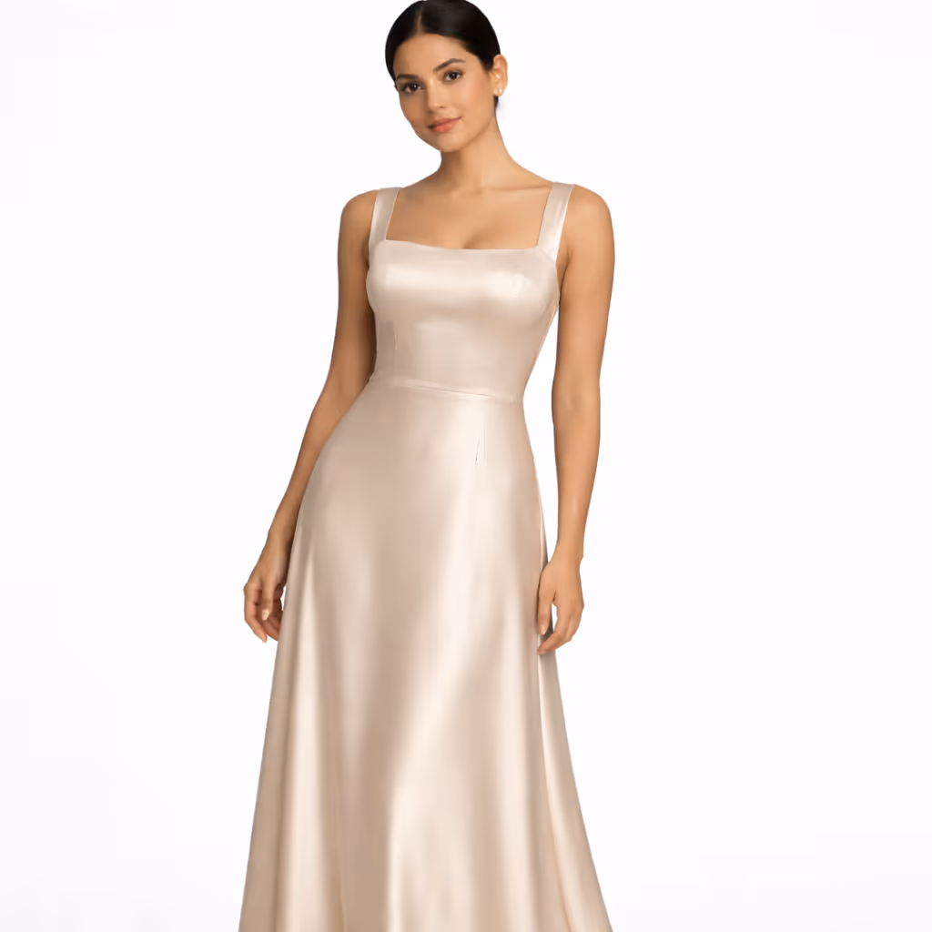 Champagne Satin Square-Neck A-Line Gown