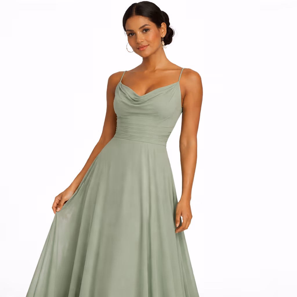 Sage Chiffon Draped-Neck Gown