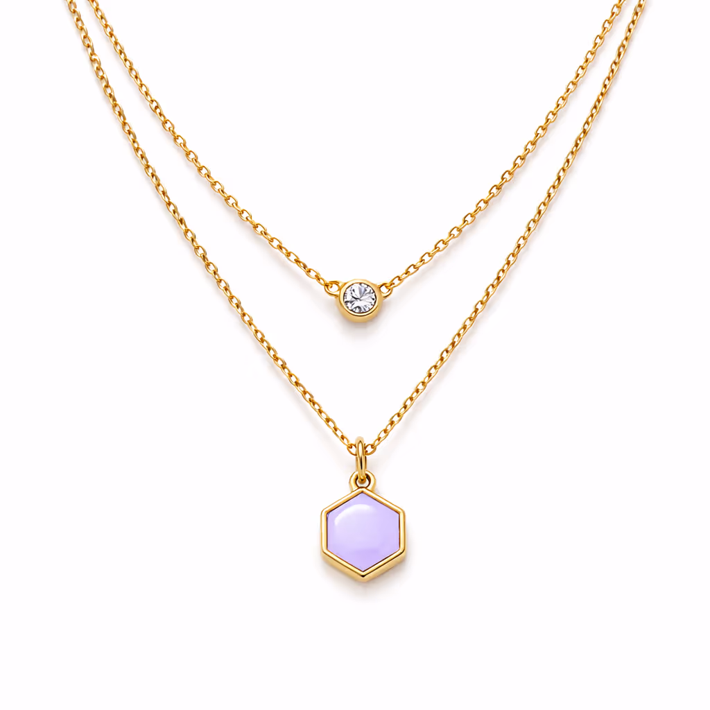 Layered Gold Necklace with Pastel Enamel Charm