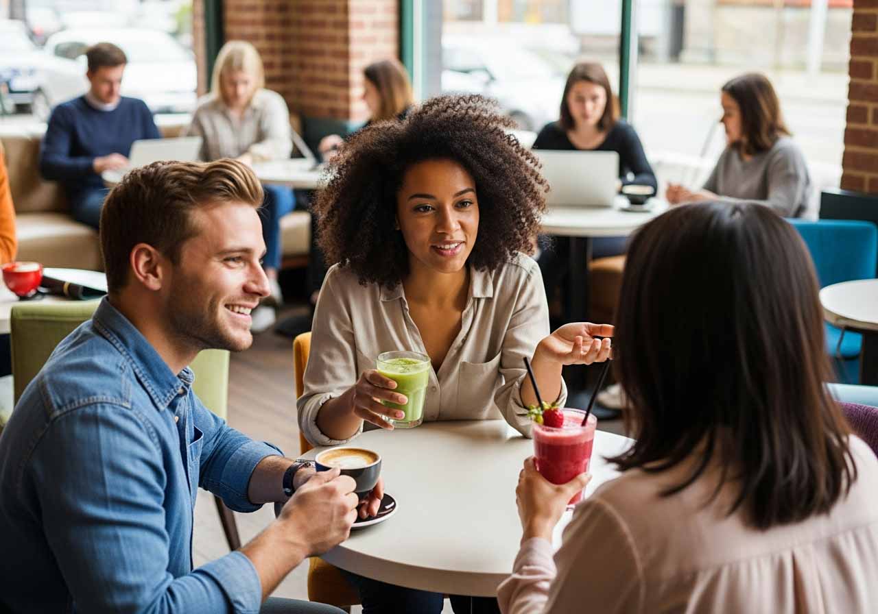 Photo of smiling young adults having a conversation in a cafe