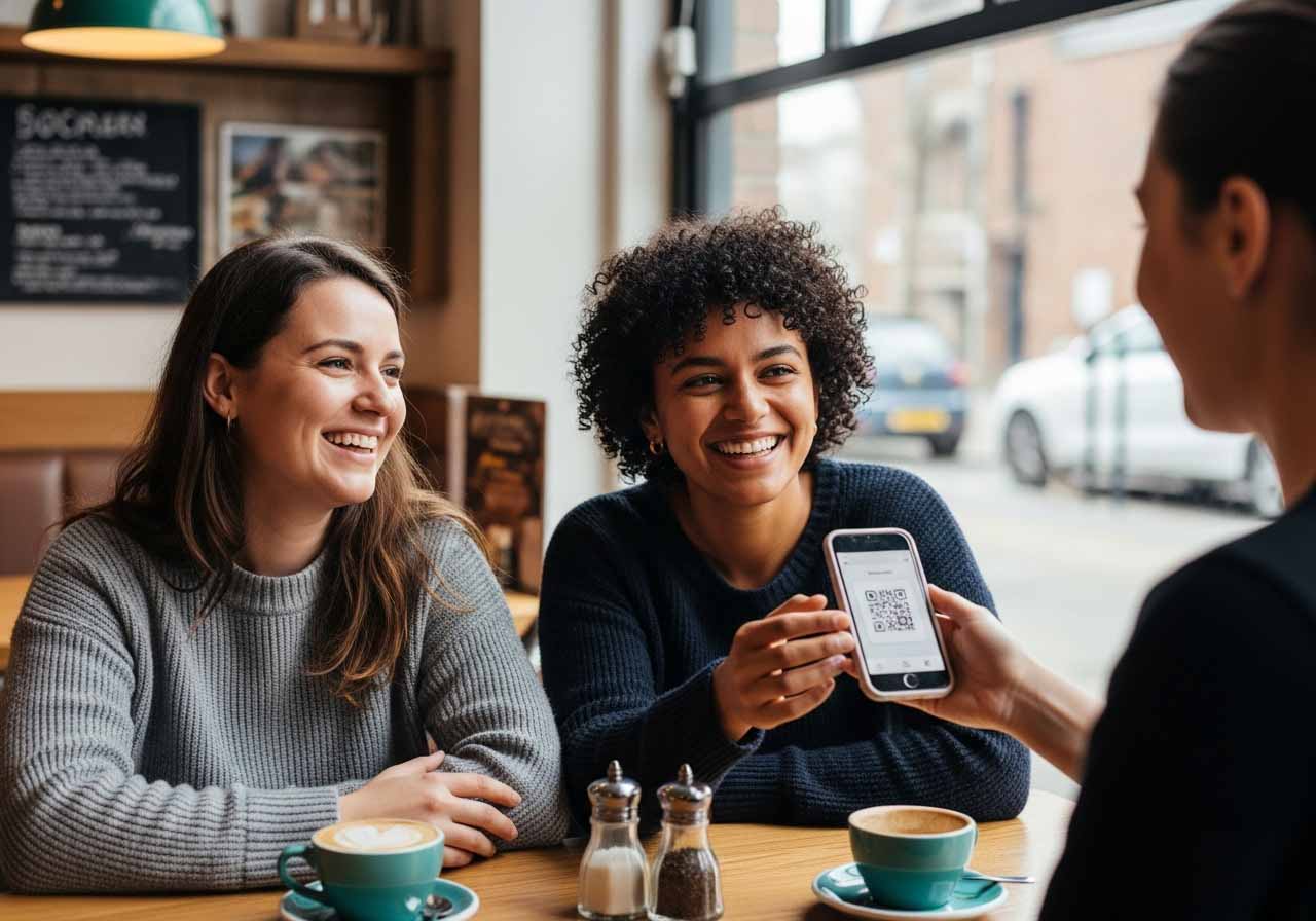 Photo of two people claiming a reward in a restaurant