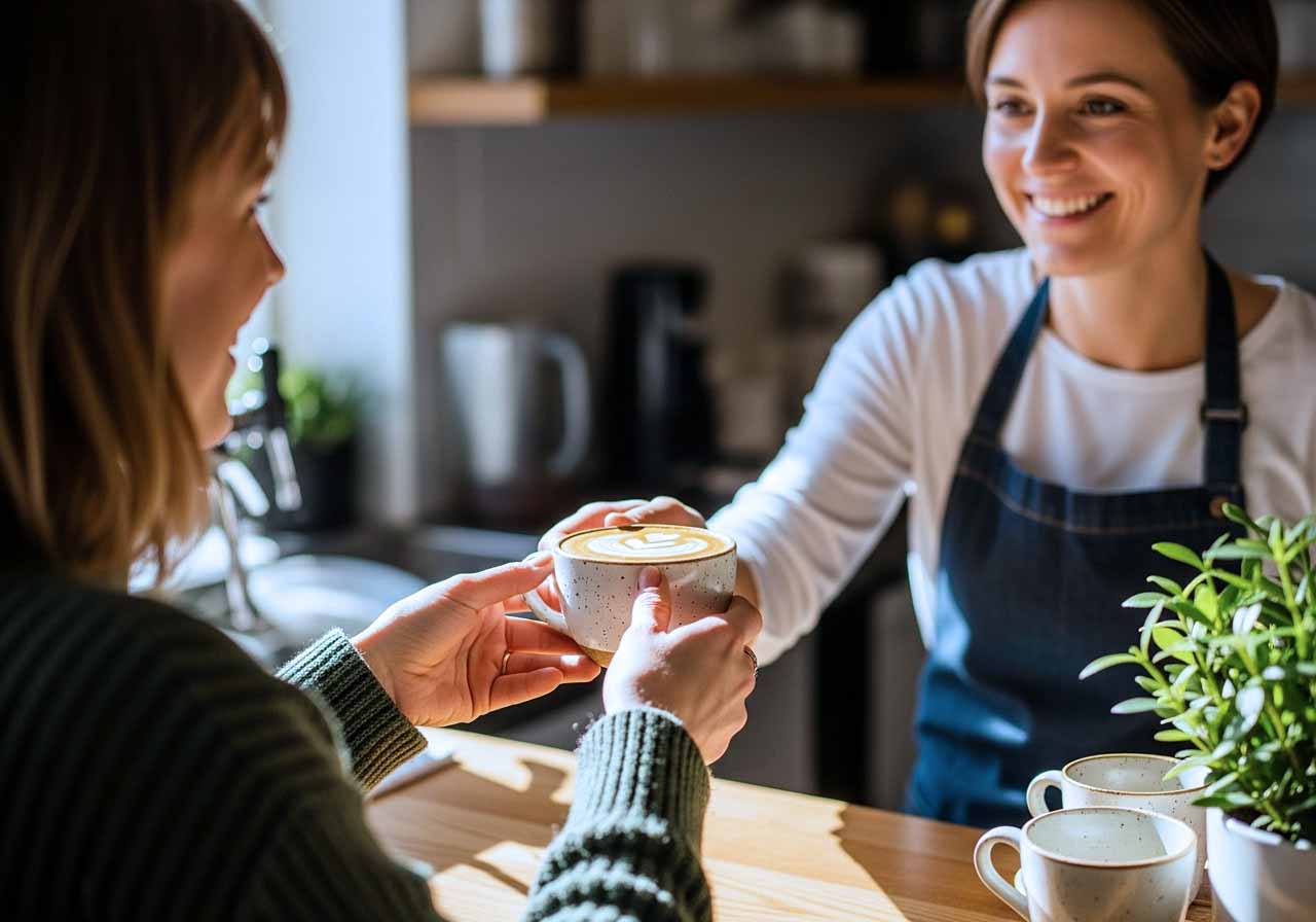 Photo of a barista offering a coffee to a customer