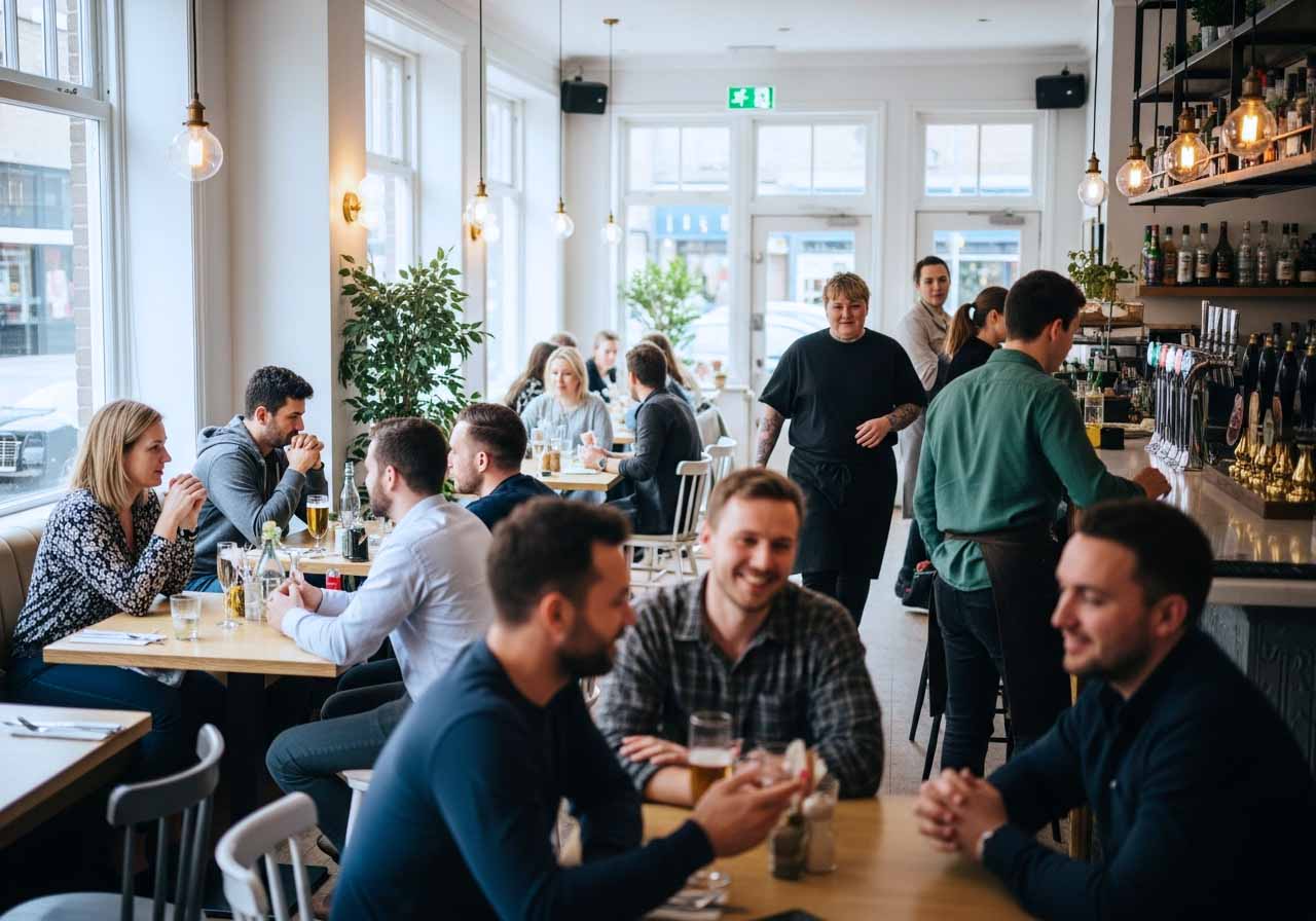 Photo of a busy restaurant and smiling customers