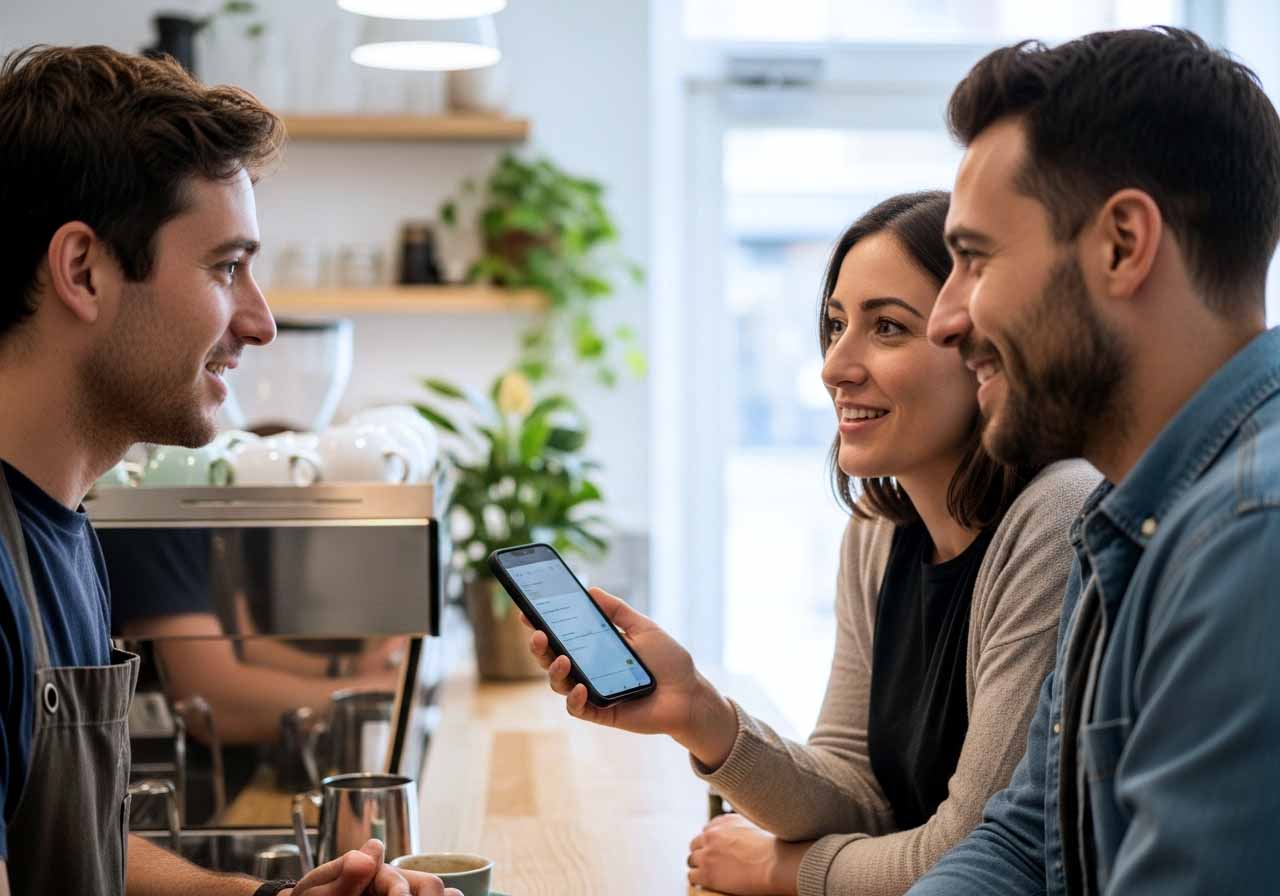 Photo of a couple showing their phone to a staff member