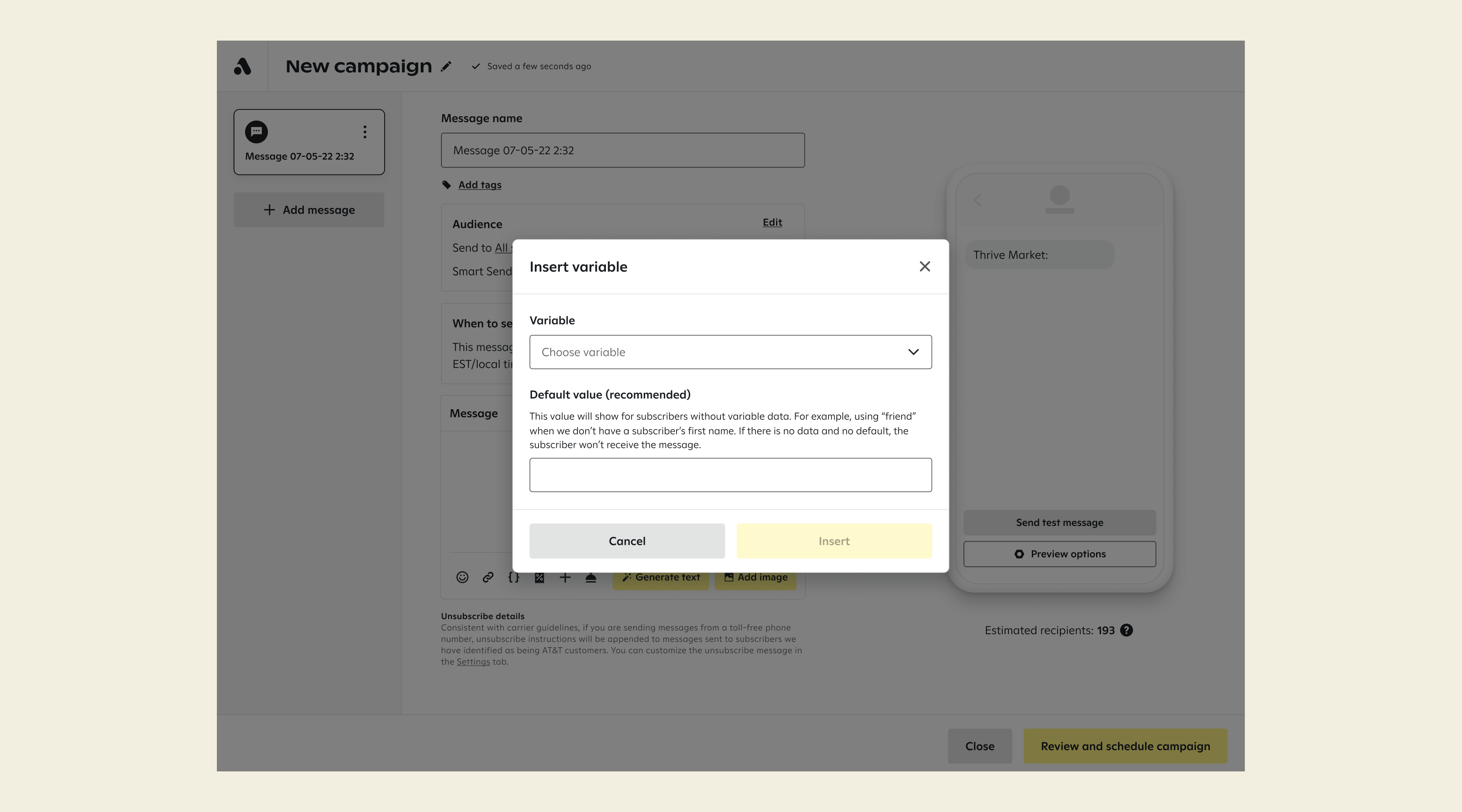 Easily add macros to your SMS and email campaigns