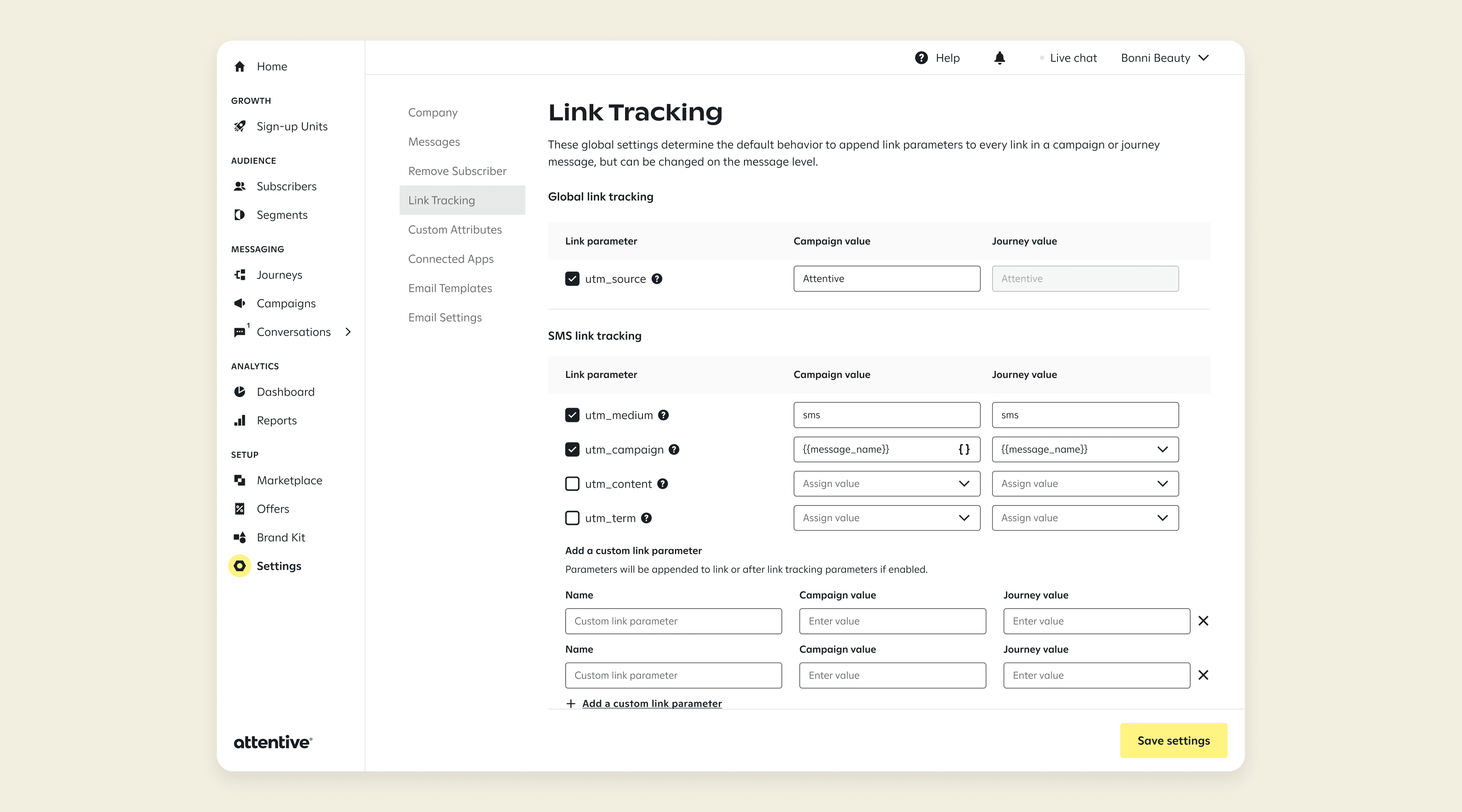Attentive Custom Link Tracking
