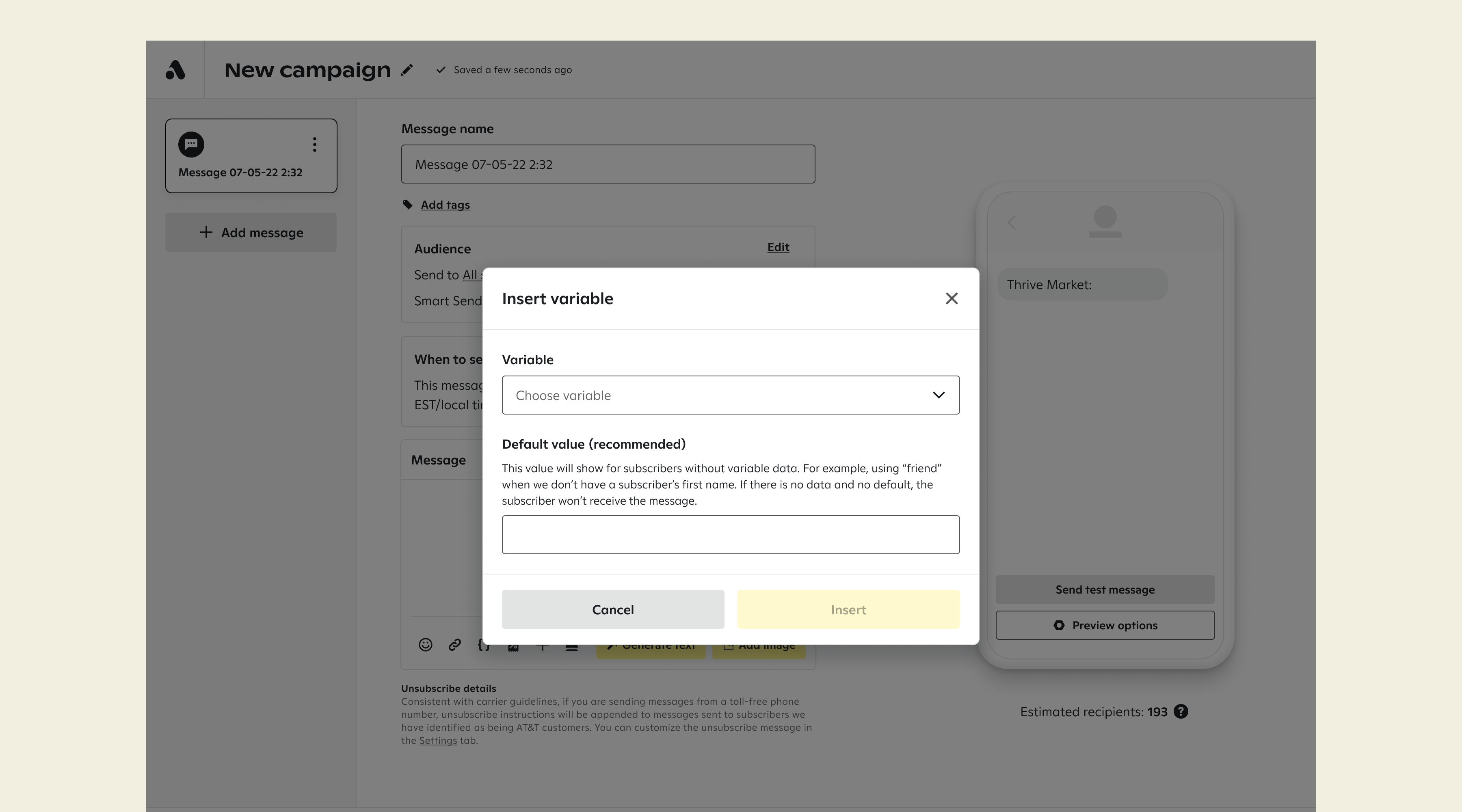 Add macros to your SMS campaigns within the Campaign Composer