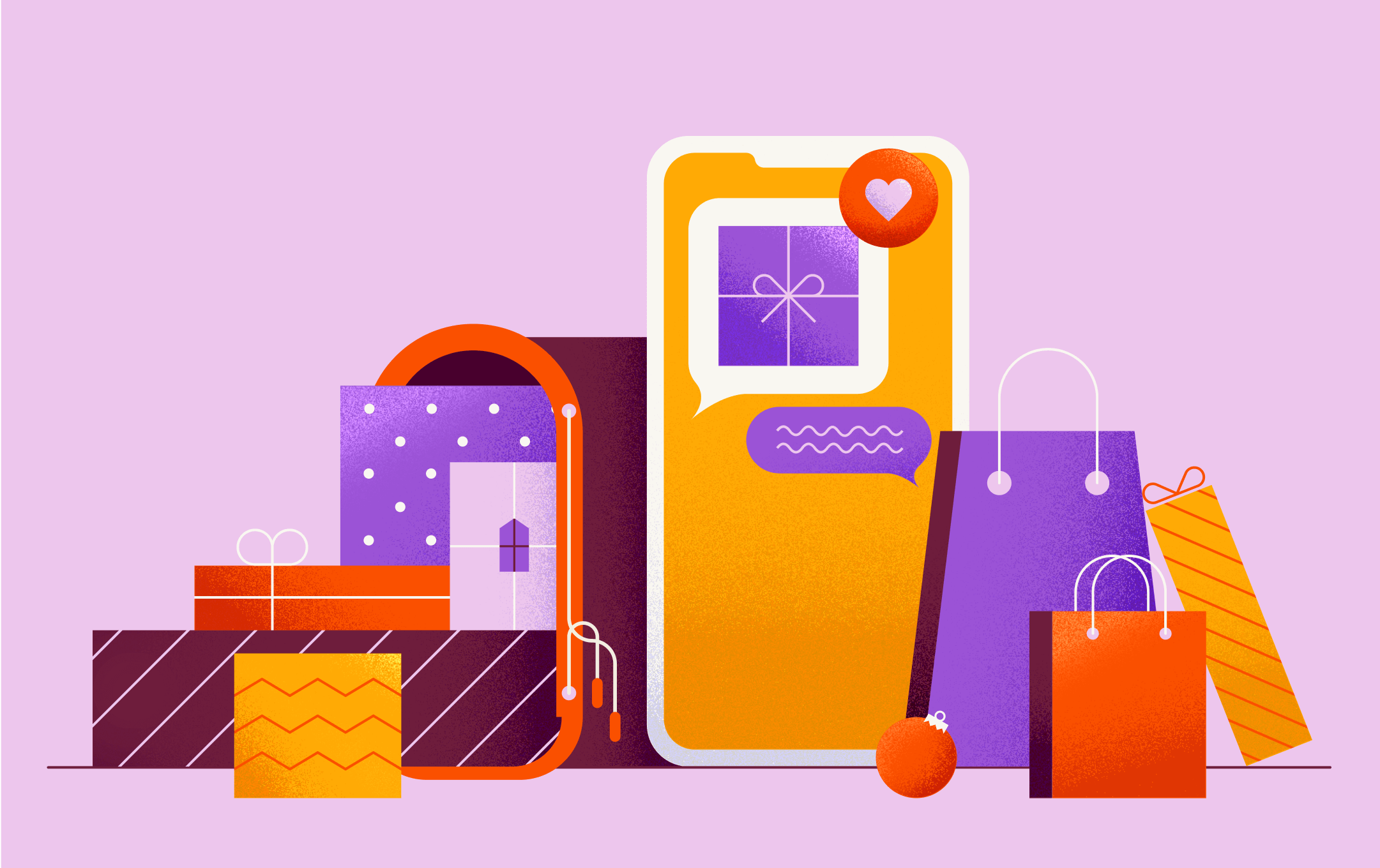 phone, shopping bags, and wrapped gifts