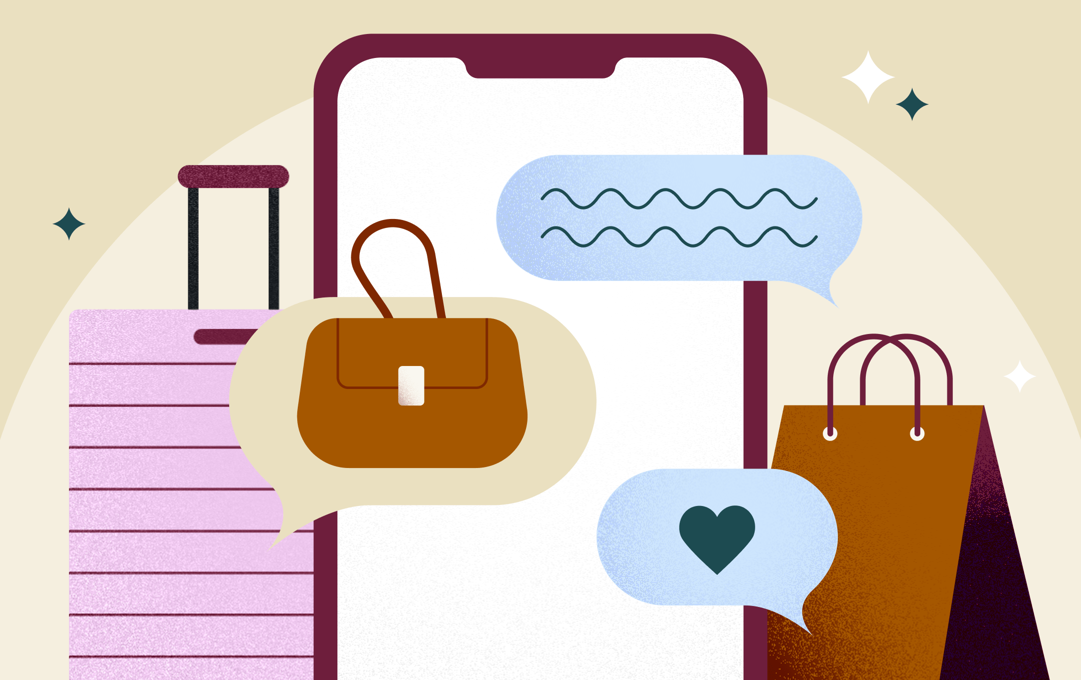 illustration of phone, rolling suitcase, handbag and shopping bag