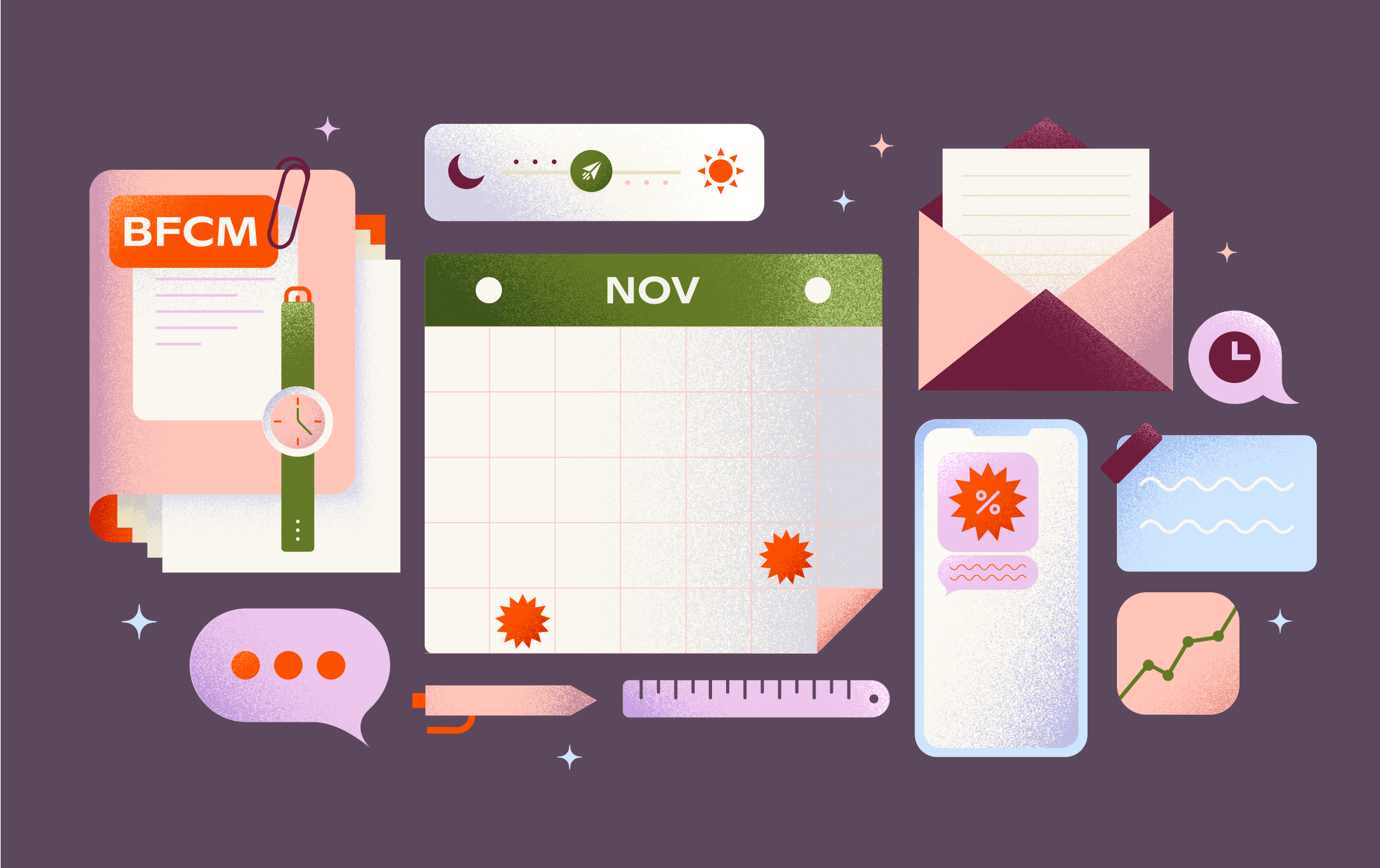 BFCM imagery with illustrated checklist, calendar, and message bubbles