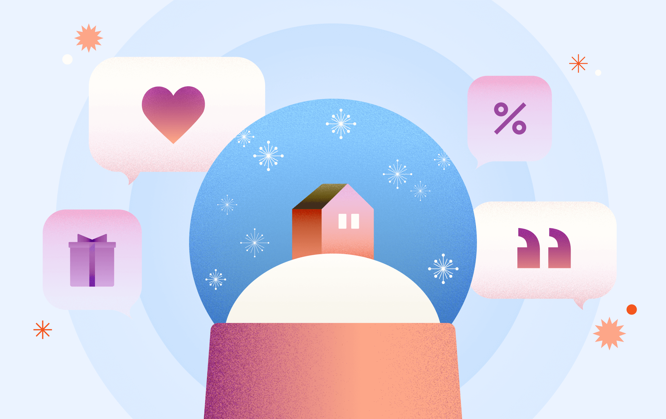 wrapped gift, percentage, snowglobe, heart, and quotation marks