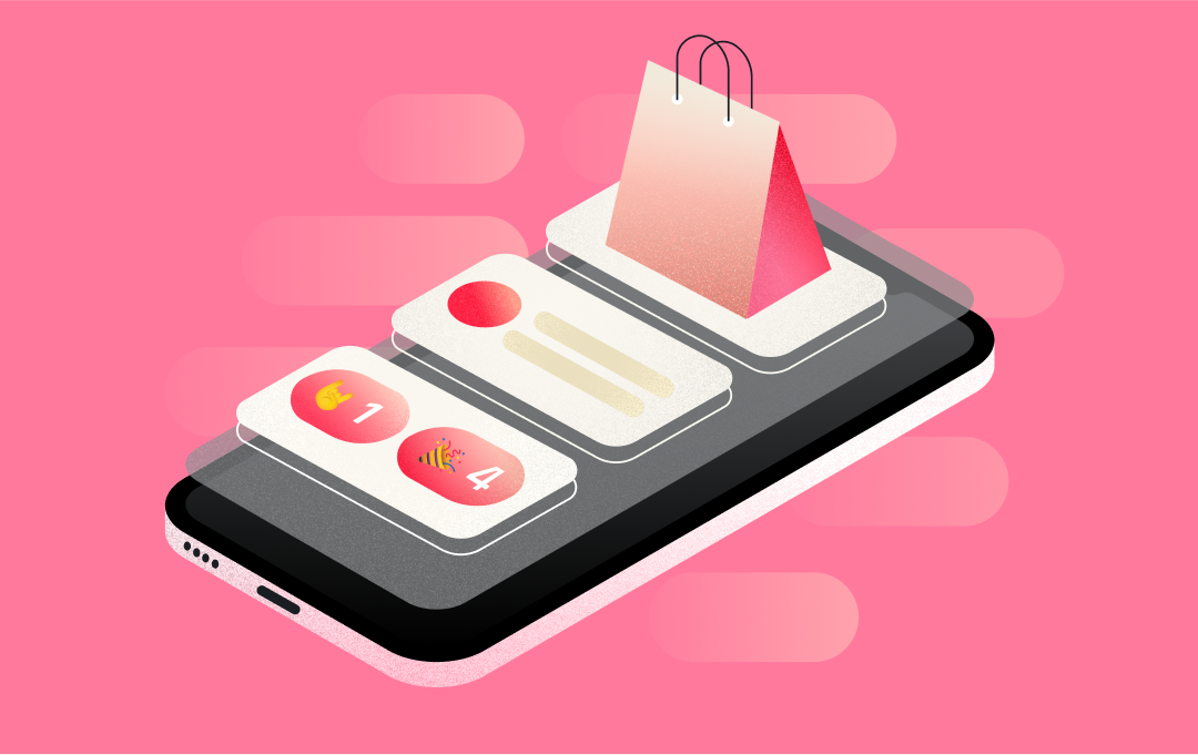 illustration of phone with shopping bag emerging from the screen