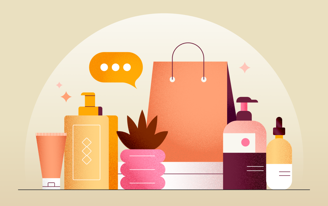 illustration of beauty products next to shopping bag, plant, and text bubble