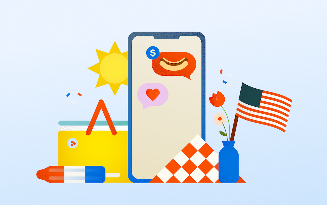 illustration of a yellow cooler next to a red, white, and blue popsicle, a blue vase with a red flower and a small American flag, and a smart phone with a hotdog in a chat bubble