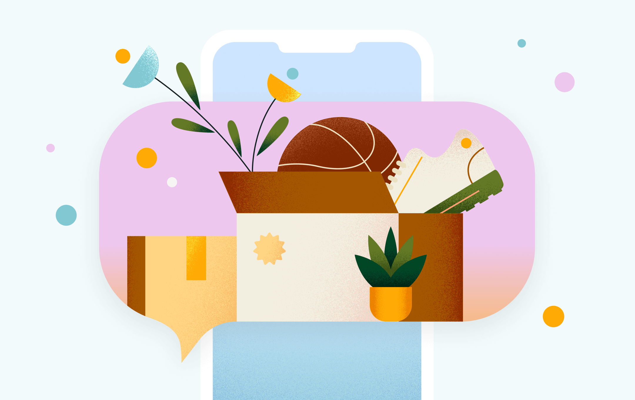 illustration of a box with a basketball, sneaker, and other items inside