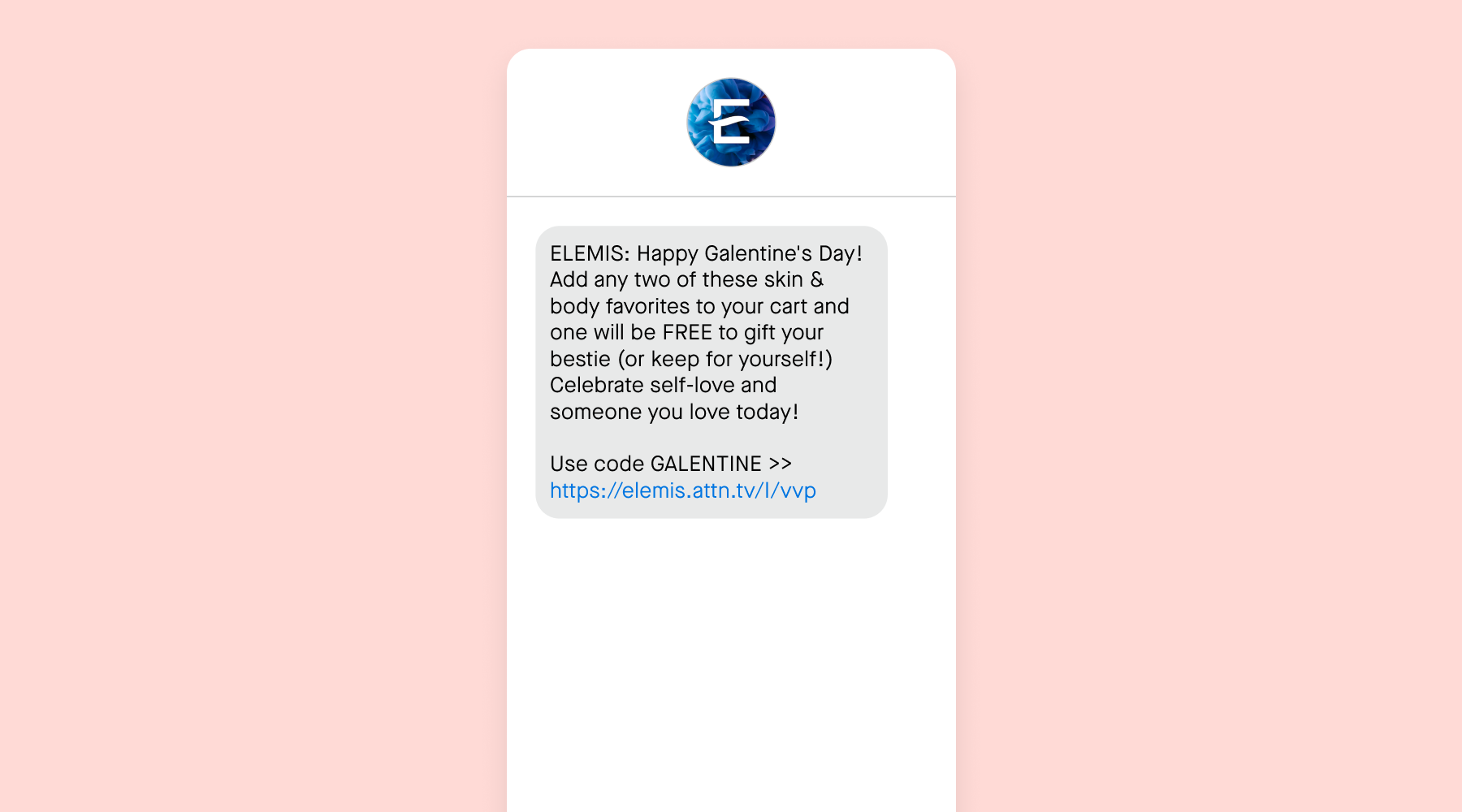 Galentine's Day text message from ELEMIS on a pink background