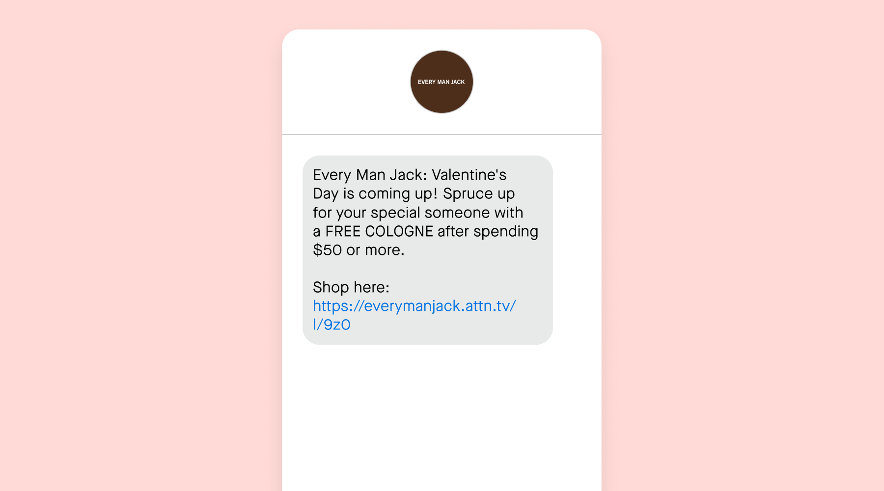 Valentine's Day text message from Every Man Jack on a pink background