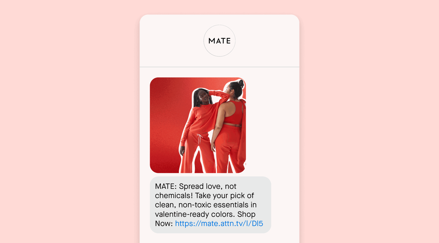 Valentine's Day-inspired text message from MATE the Label on a pink background